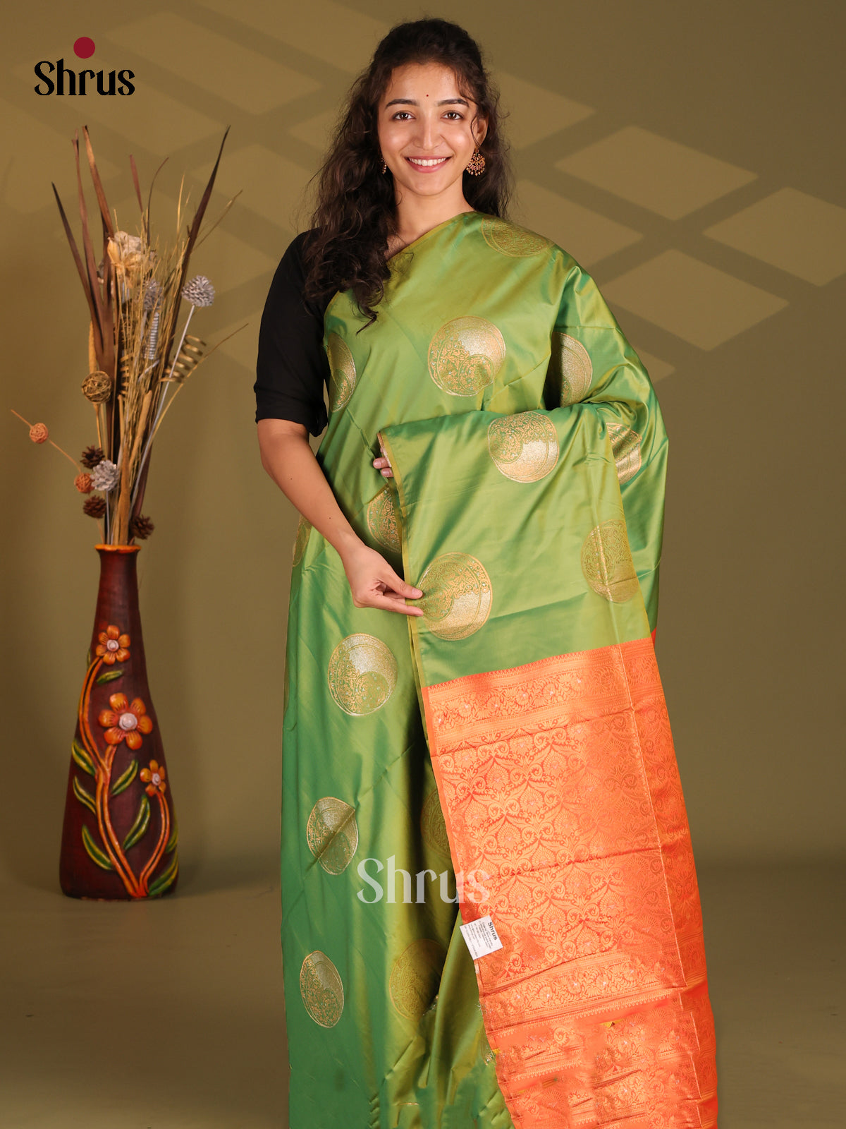 Light Green & Orange- Semi Softsilk Saree - Shop on Shrus.com