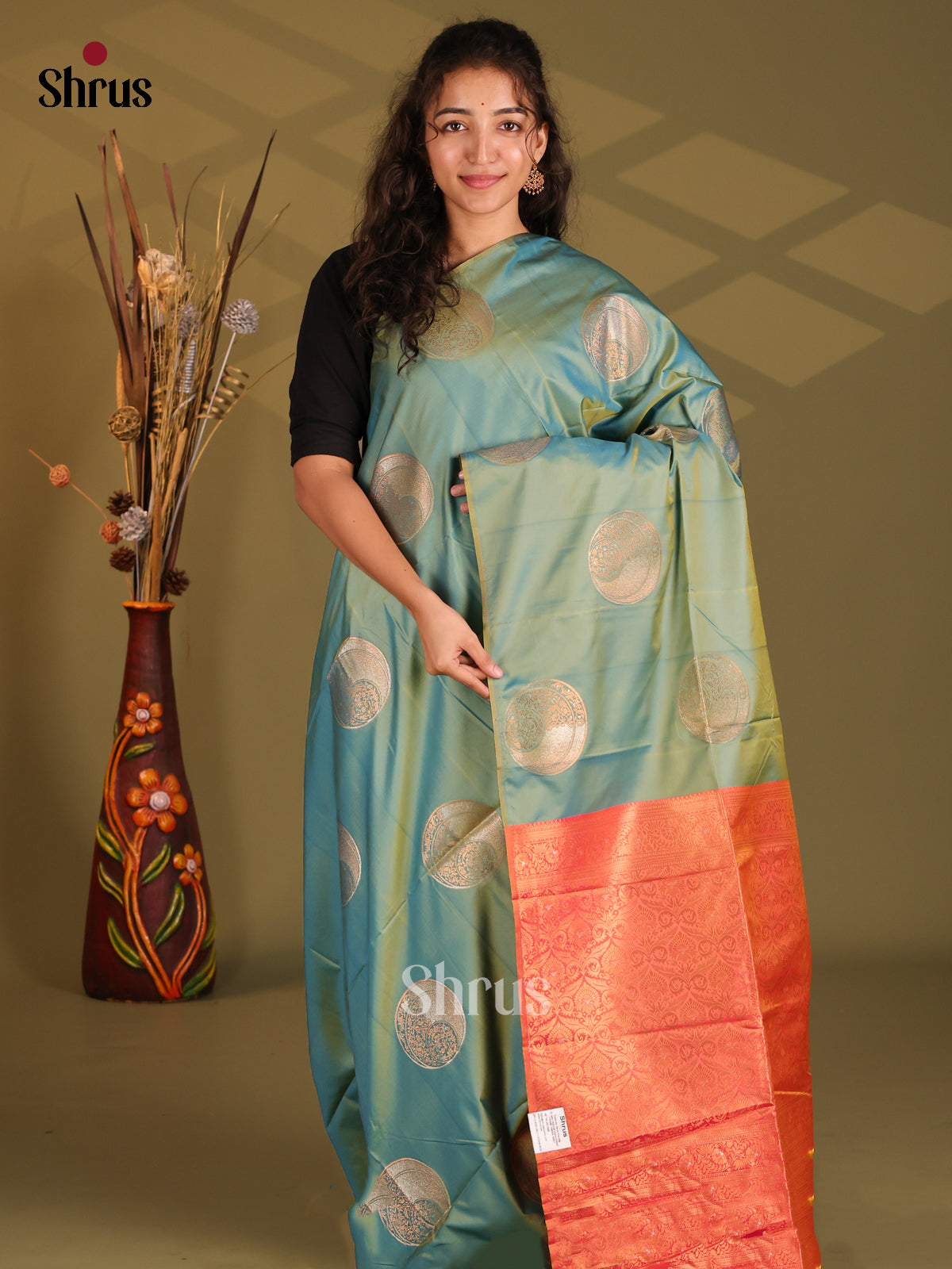 Double Shaded Green & Orange - Semi Softsilk Saree - Shop on Shrus.com