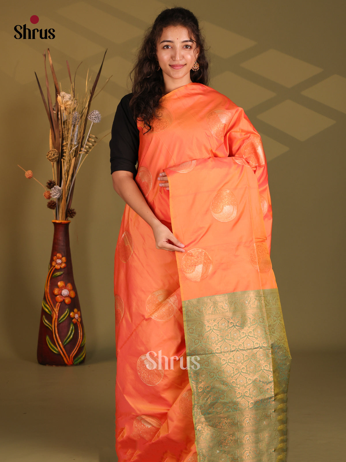 Orange & Green- Semi Softsilk Saree - Shop on Shrus.com