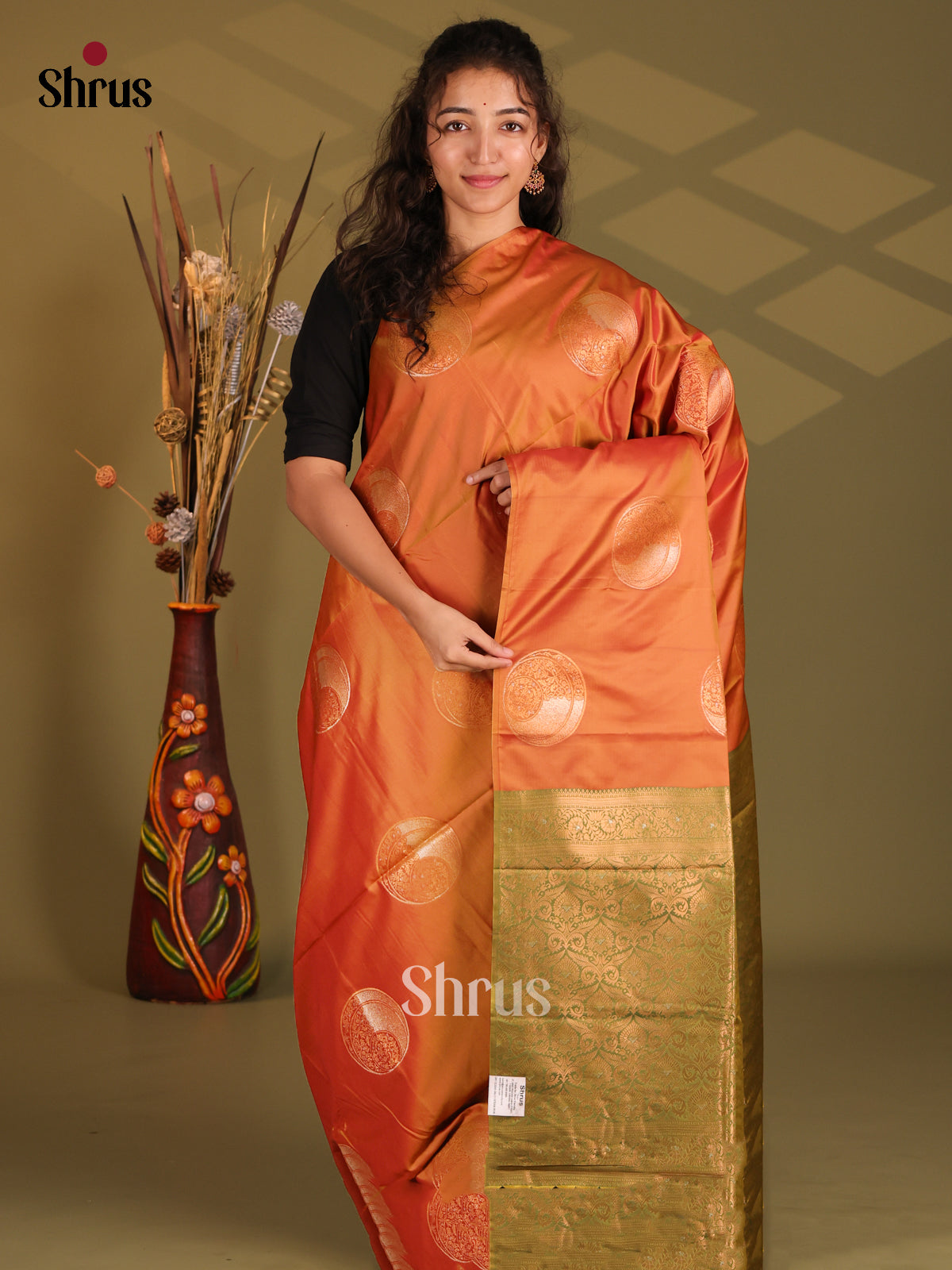 Brick Orange & Green- Semi Softsilk Saree