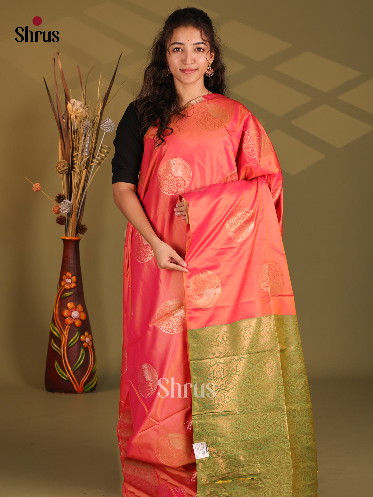 Orange & Green - Semi Softsilk Saree - Shop on Shrus.com