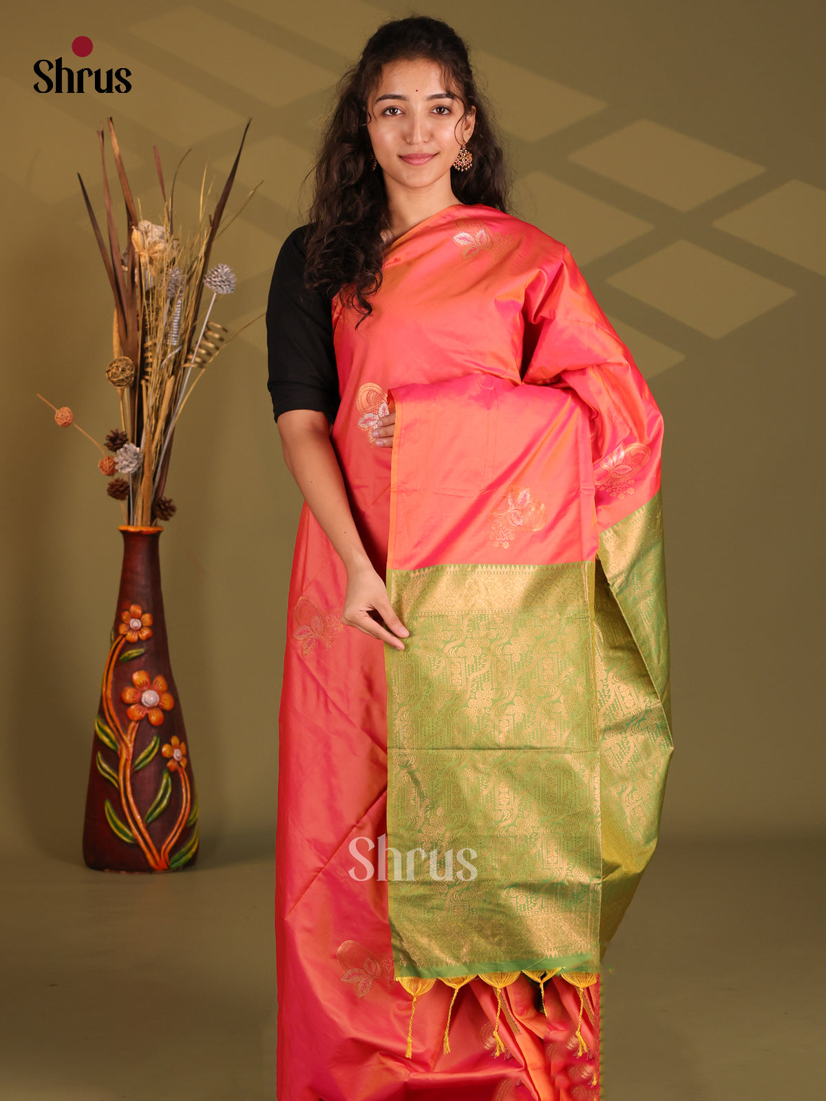 Orangish Pink & green - Semi Softsilk Saree - Shop on Shrus.com