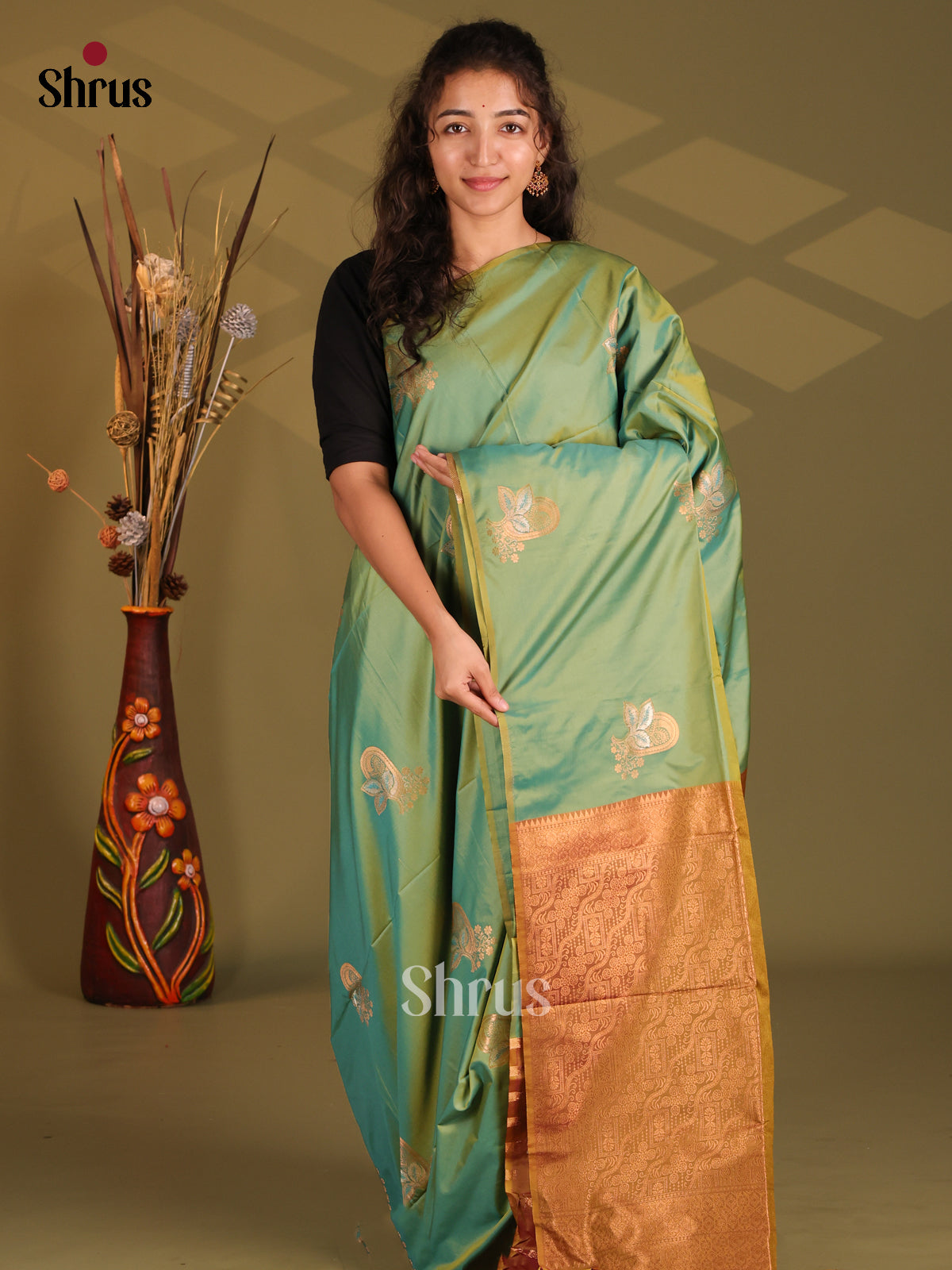 Green & Brick- Semi Softsilk Saree - Shop on Shrus.com