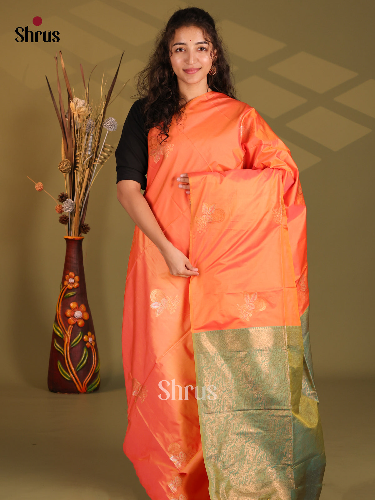 Orange & Green - Semi Softsilk Saree - Shop on Shrus.com