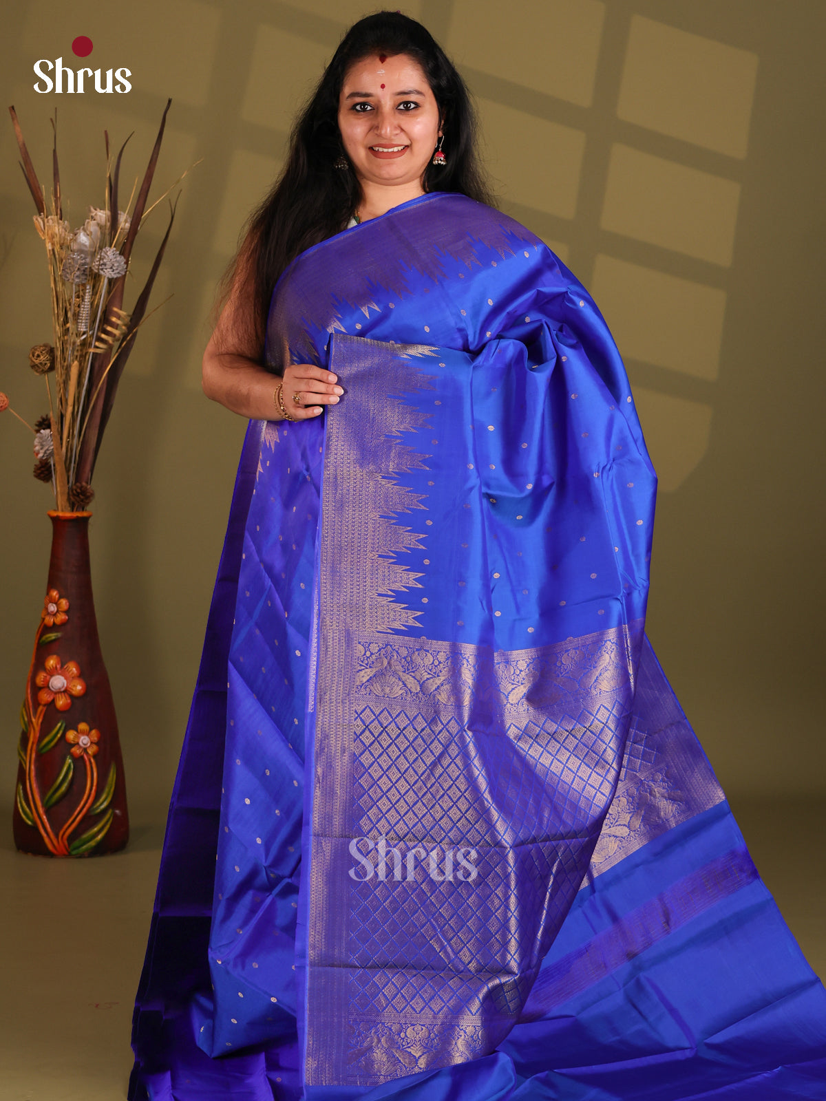Royal Blue Monochrome Kanchipuram silk (HR) Saree with splendid temple zari border - Shop on Shrus.com