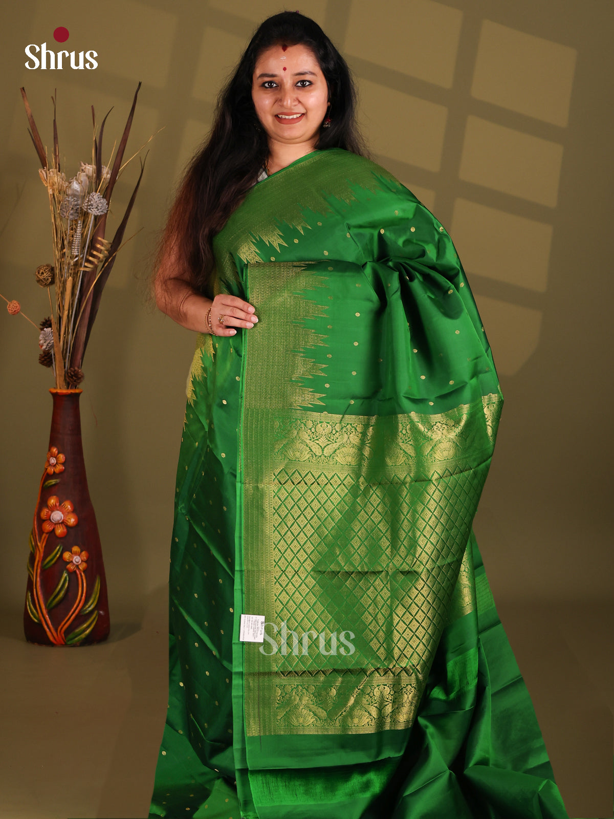 Green Single Tone Kanchipuram silk (HR) Saree with traditional temple zari border - Shop on Shrus.com