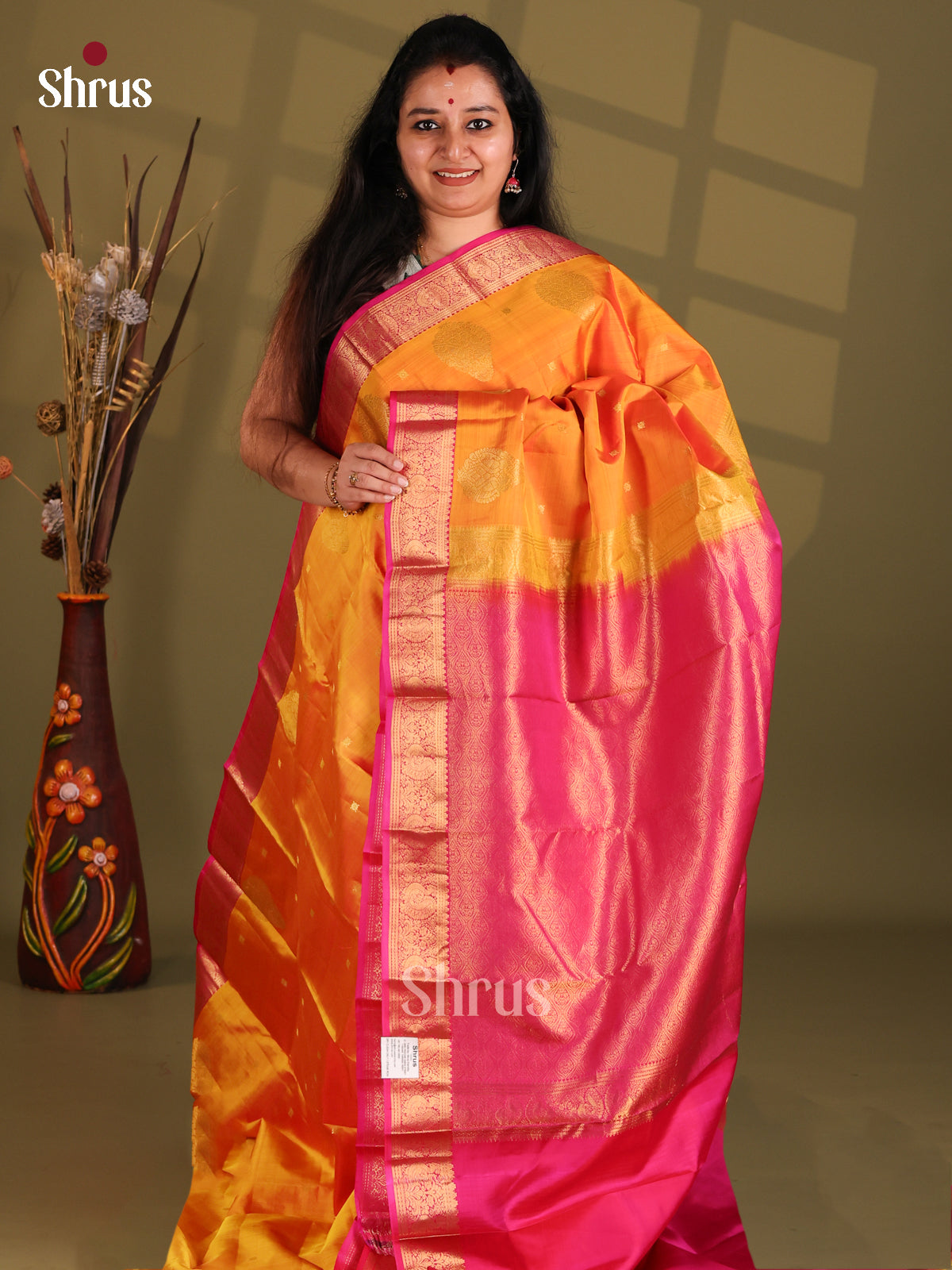 Orange and Pink Kanchipuram silk (HR) Saree with peacock in floral vines zari border - Shop on Shrus.com