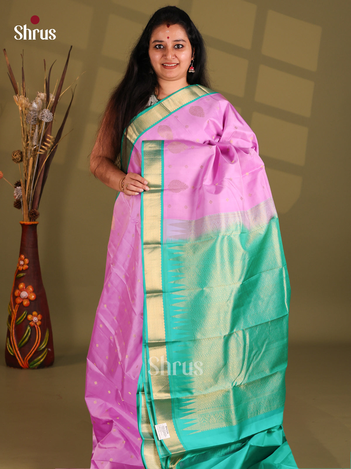Purple and Teal Kanchipuram silk (HR) Saree gleams with zari floral buttas - Shop on Shrus.com