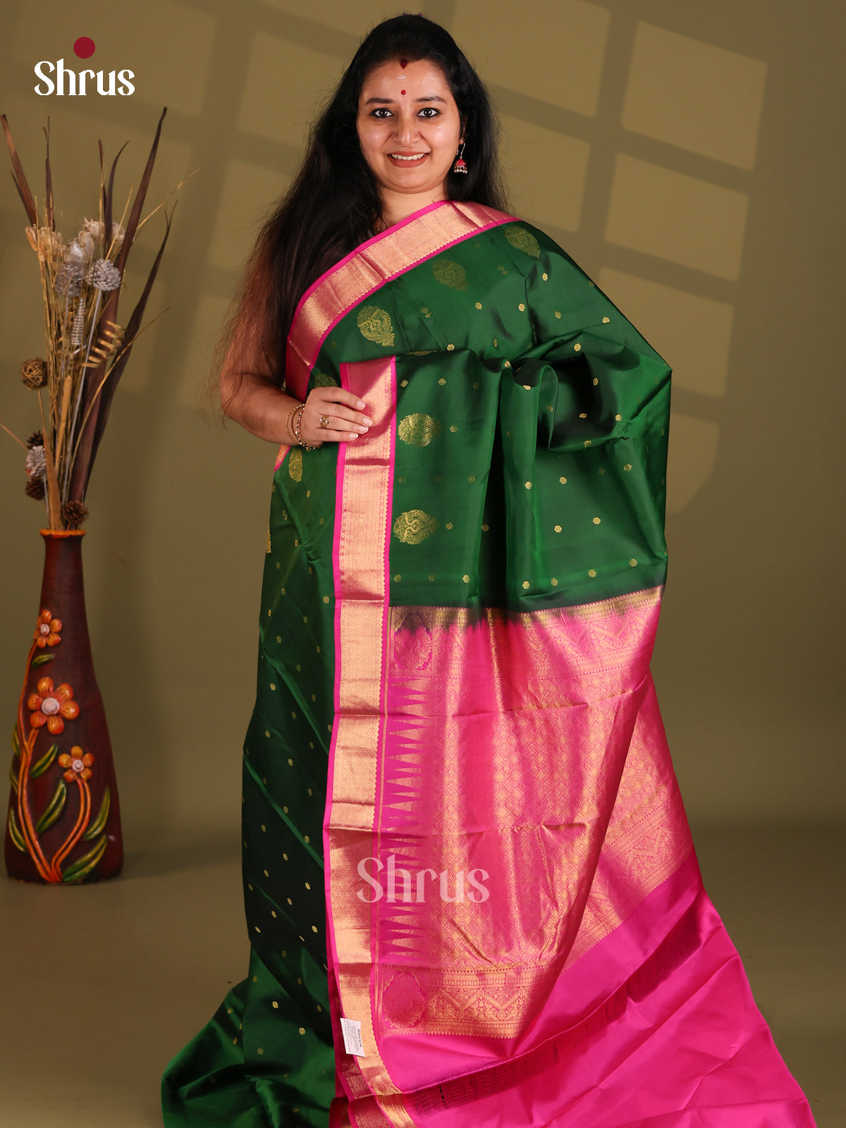 Bottle Green and Pink Kanchipuram silk (HR) Saree with zari buttas-1
