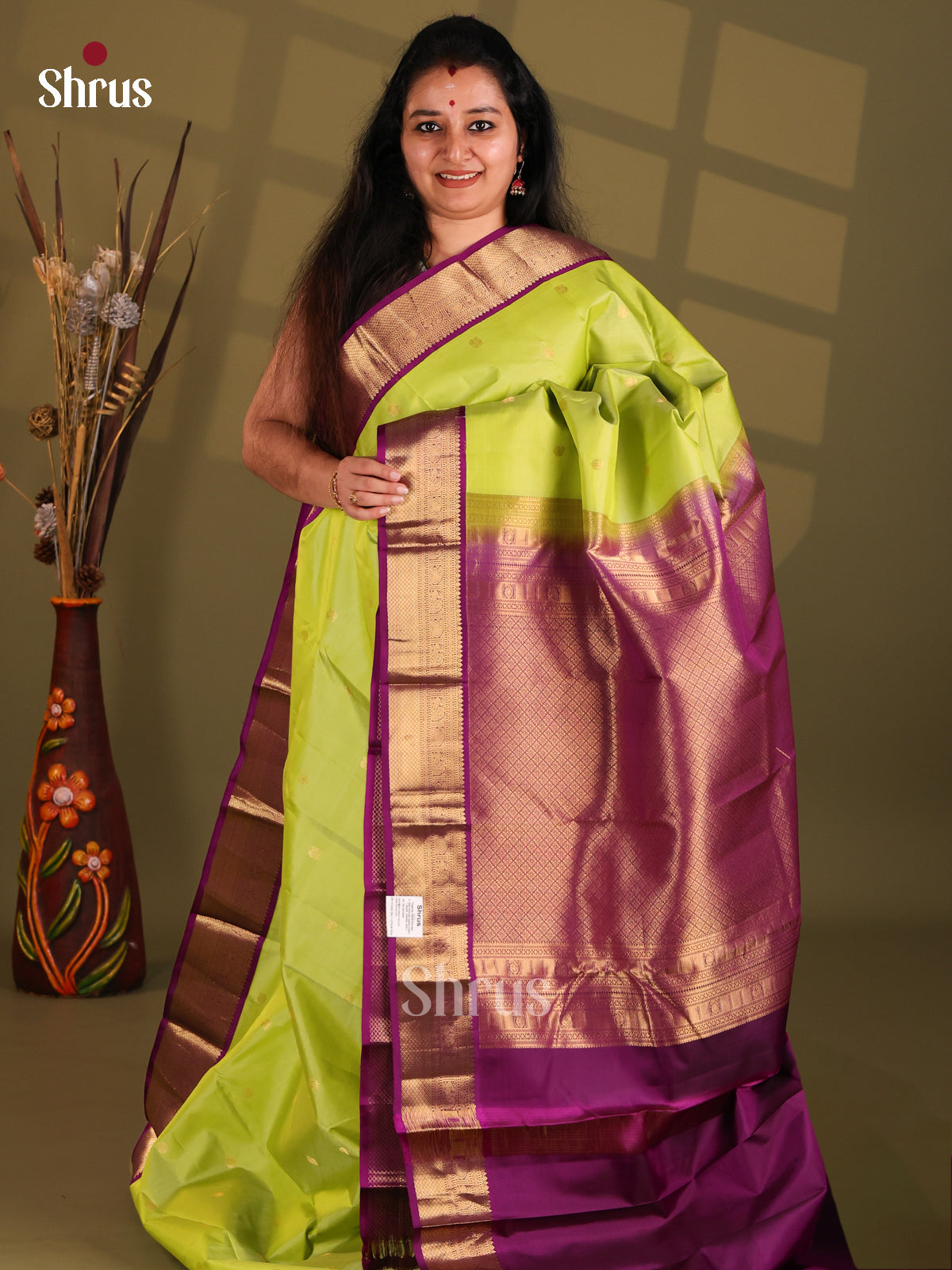 Lime Green and Purple Kanchipuram silk (HR) Saree with gold zari small floral buttas - Shop on Shrus.com