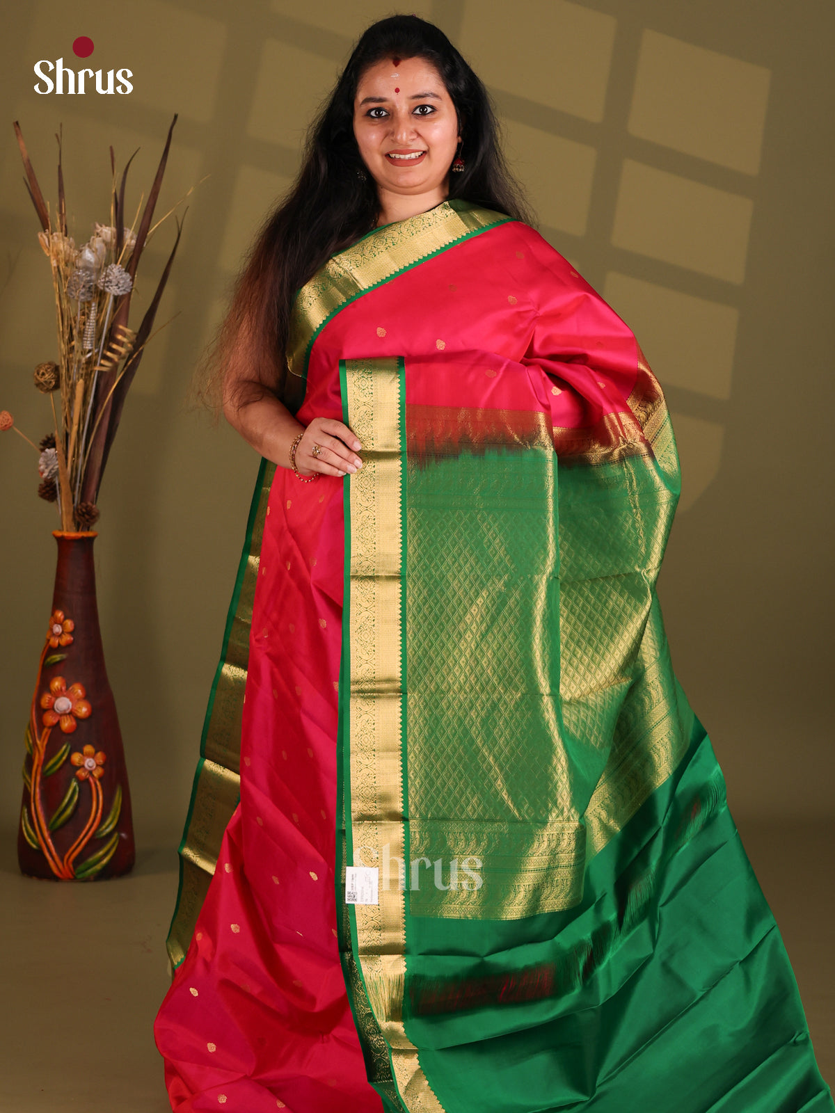 Red and Green Kanchipuram silk (HR) Saree with small zari buttas , traditional border-1