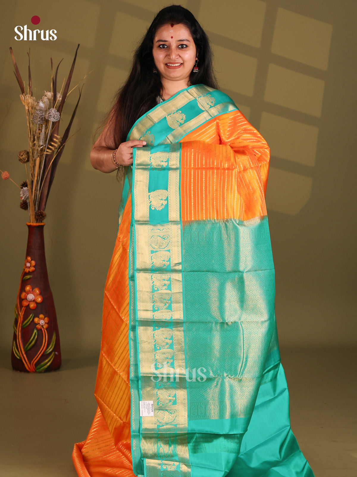 Orange & Teal Kanchipuram silk (HR) Saree with zari stripes - Shop on Shrus.com