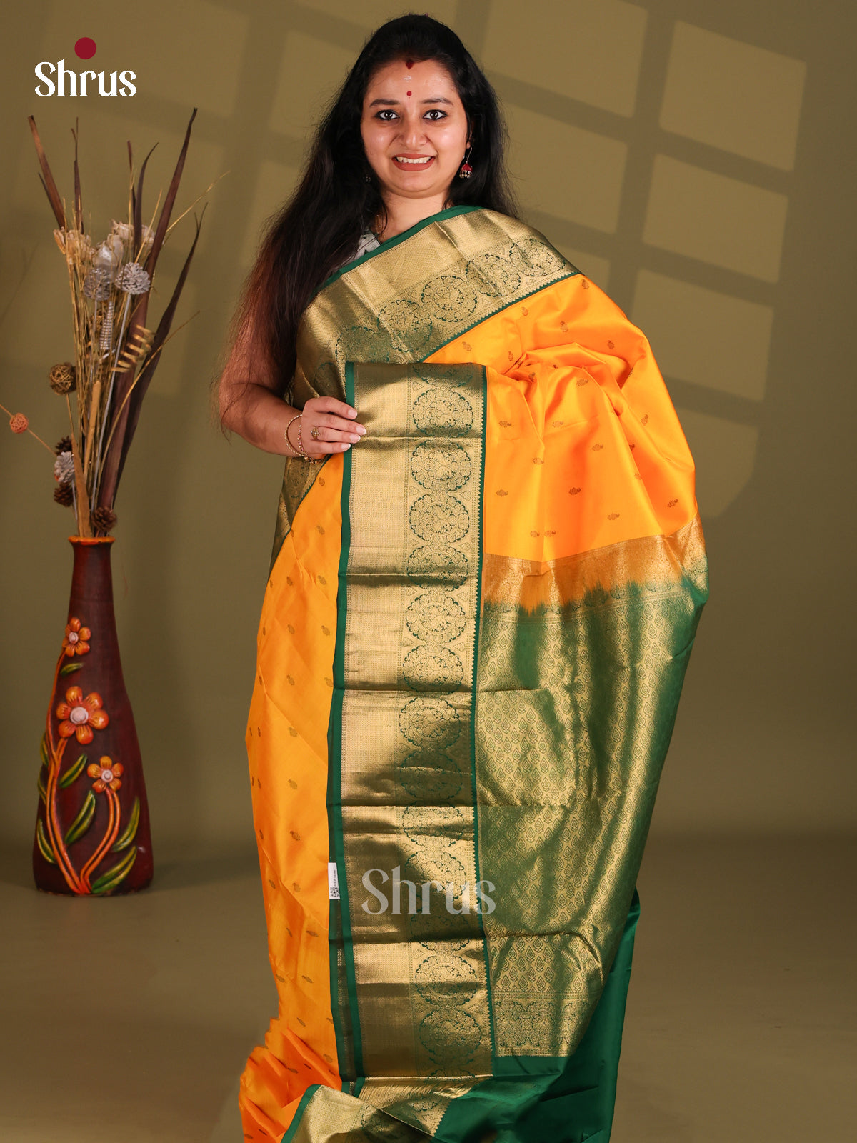 Yellow and Green Kanchipuram silk (HR) Saree with zari peacock motifs border-1