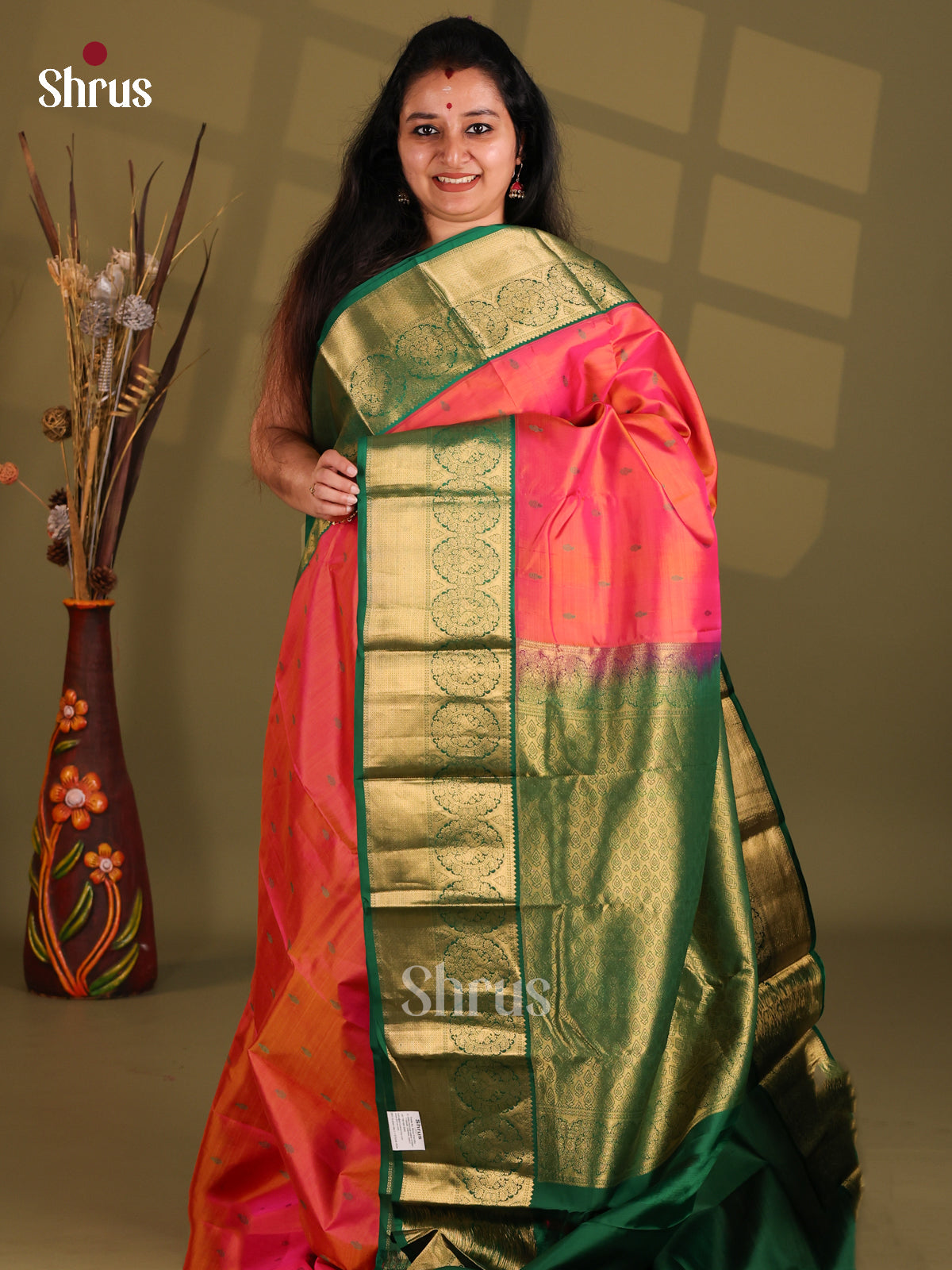 Orangish Pink and Green Kanchipuram silk (HR) Saree with peacock motifs zari border - Shop on Shrus.com