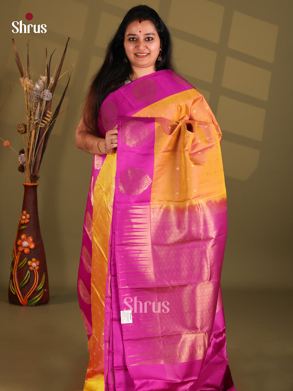 Mustard Kanchipuram silk (HR) Saree gleams with zari buttas , purple border-1