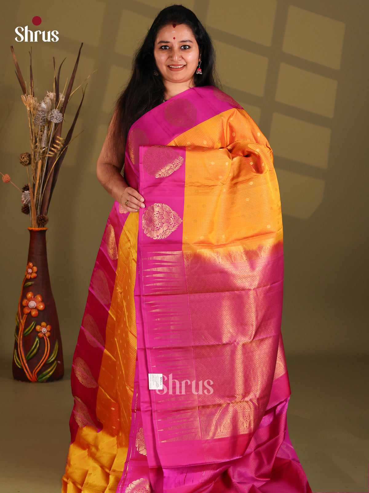 Mustard and Purple Kanchipuram silk (HR) Saree with floral, vairaoosi stripes-1