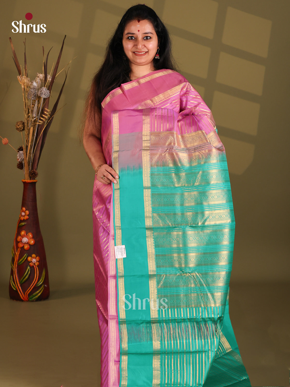 Pink and Green Kanchipuram silk (HR) Saree with zari stripes - Shop on Shrus.com