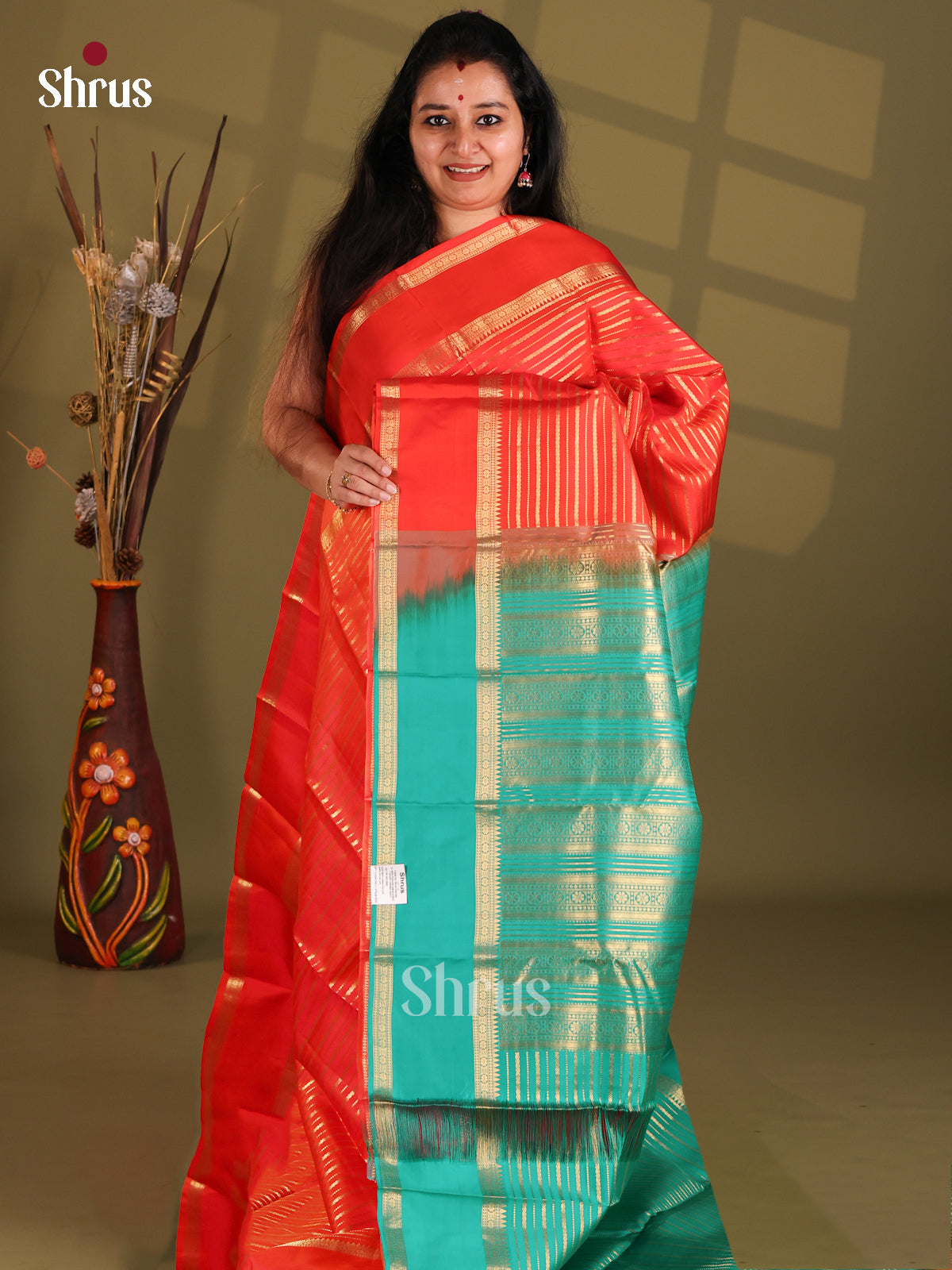Orange and Green Kanchipuram silk (HR) Saree wih zari stripes-1