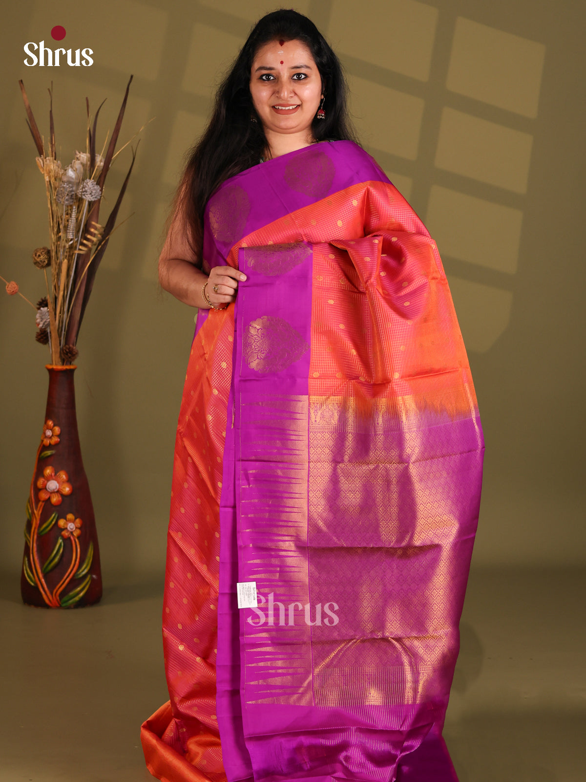 Orange and Purple Kanchipuram silk (HR) Saree with zari butta and vaira oosi checks - Shop on Shrus.com