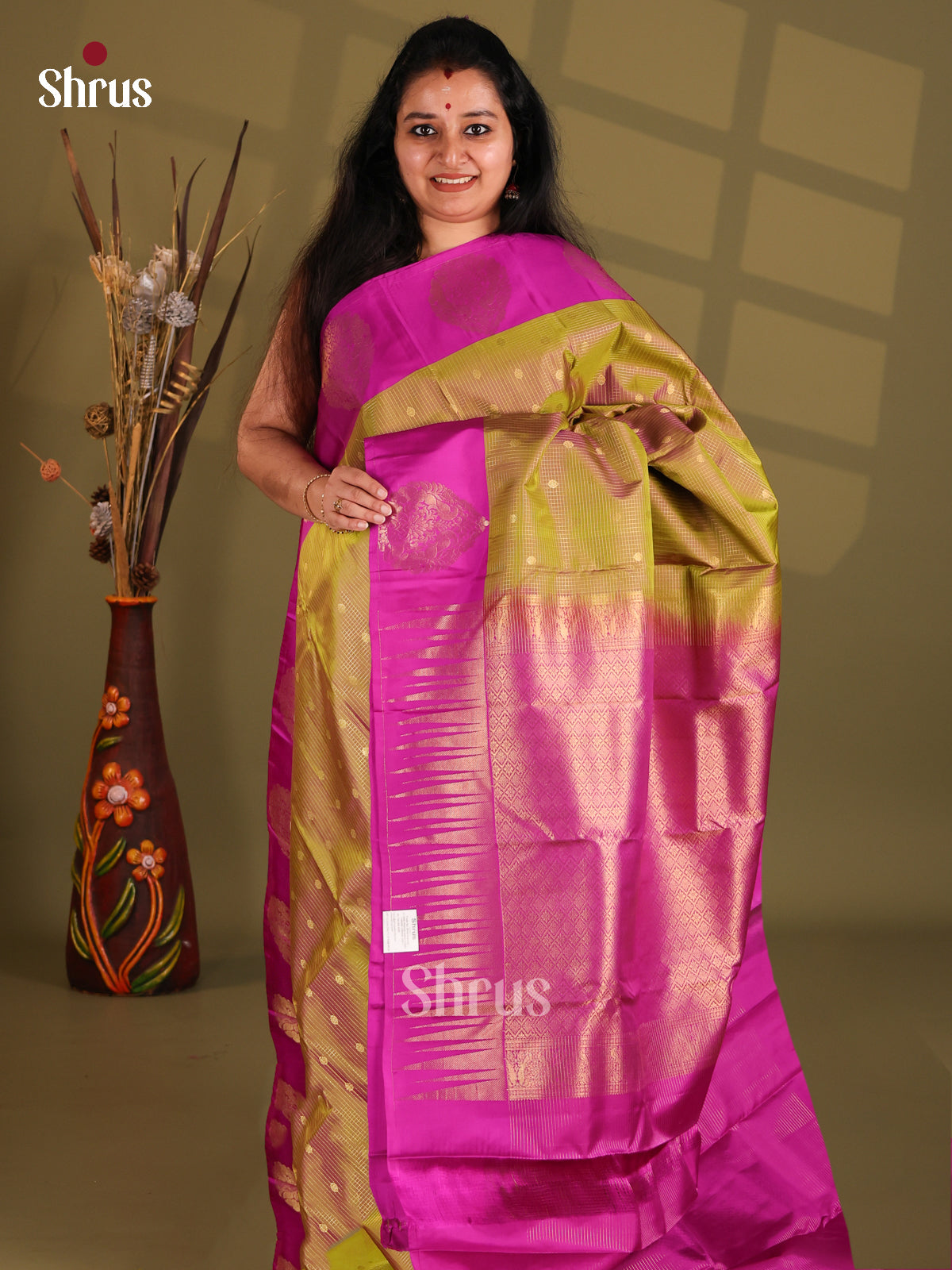 Mehandi and Majenta Kanchipuram silk (HR) Saree with gold zari buttas and vaira oosi stripes-1
