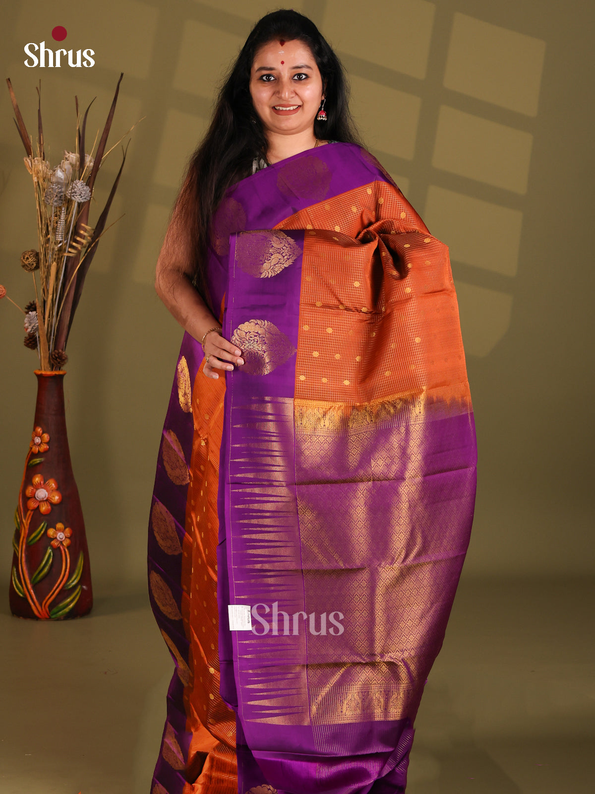 Rust and violet Kanchipuram silk (HR) Saree accented with zari vaira oosi stripes, buttas - Shop on Shrus.com