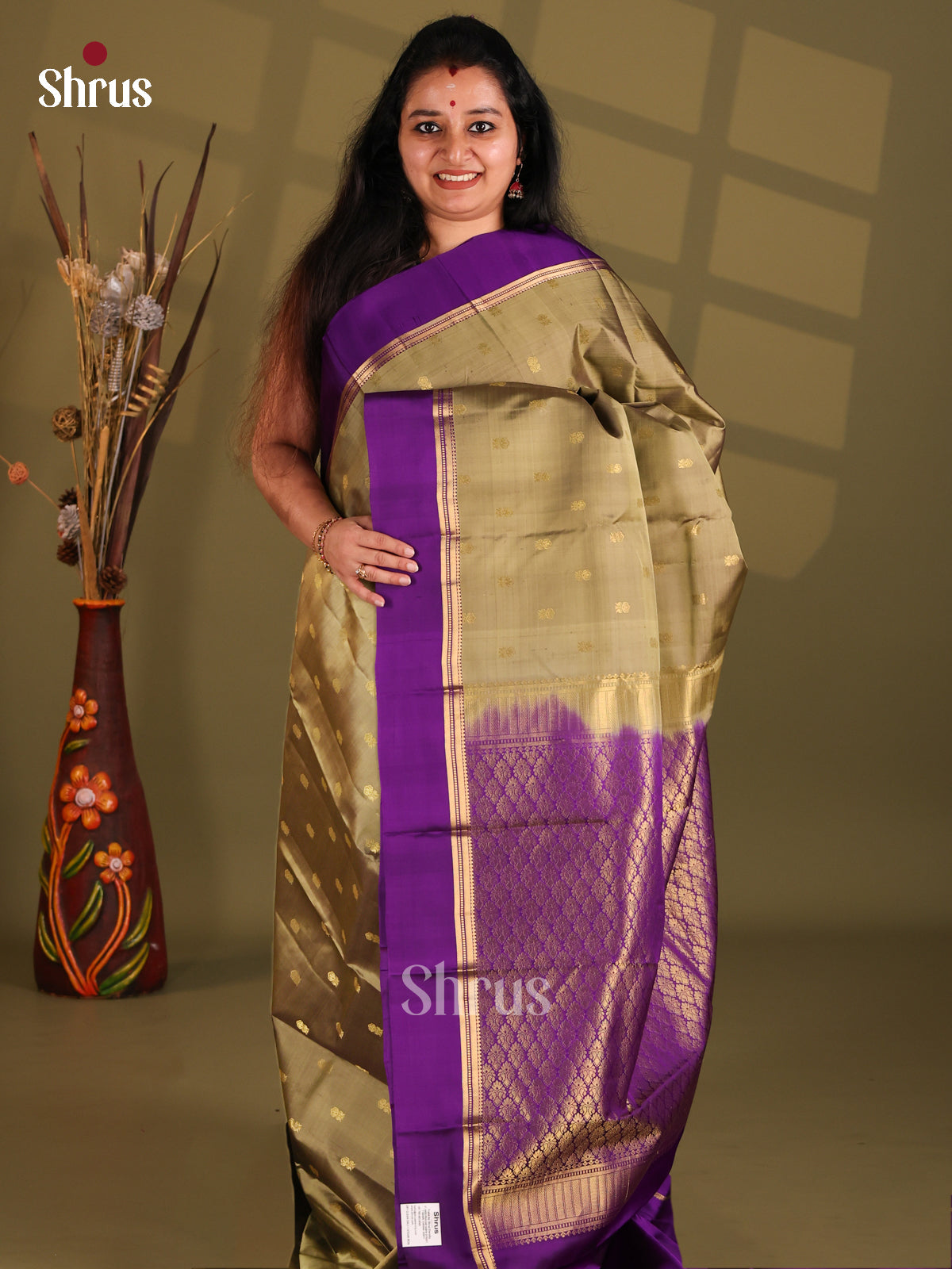 Gold and Violet Kanchipuram silk (HR) Saree gleams with gold zari small buttas-1