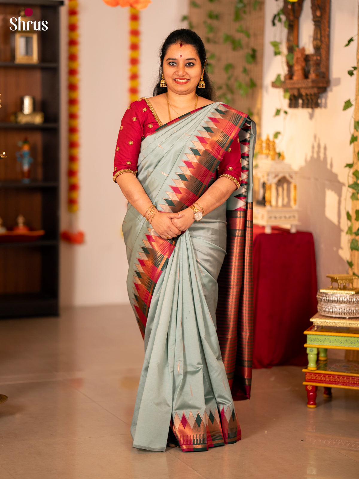 Pastel Blue & Maroon - Semi Softsilk Saree