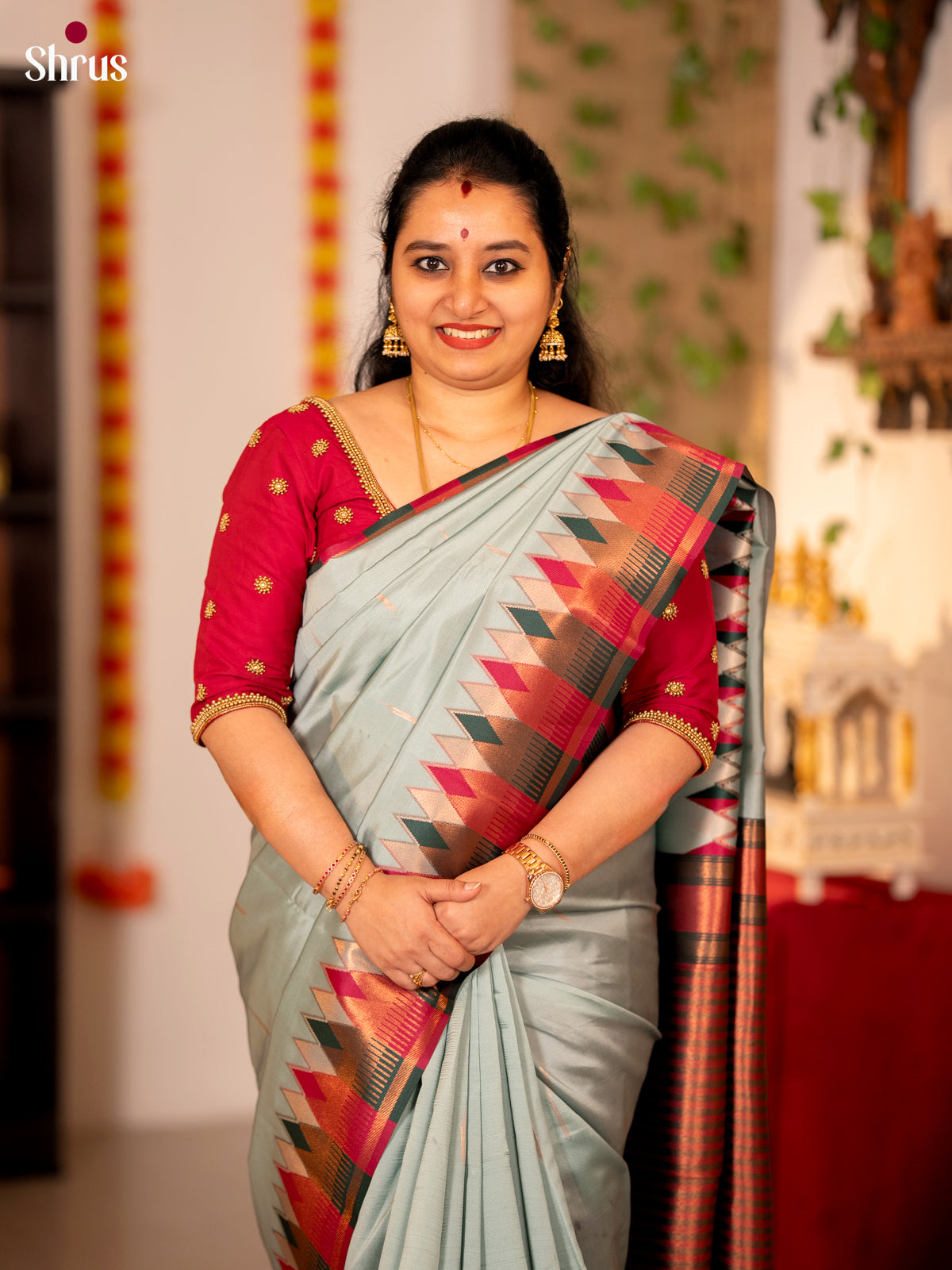 Pastel Blue & Maroon - Semi Softsilk Saree