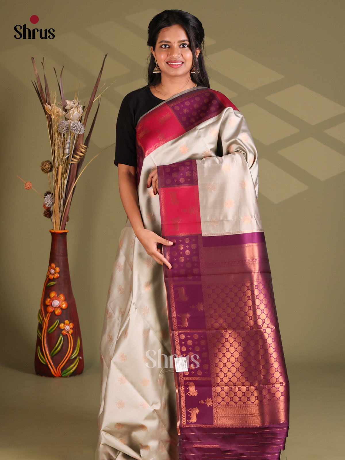 Grey & Violet- Semi Softsilk Saree - Shop on Shrus.com