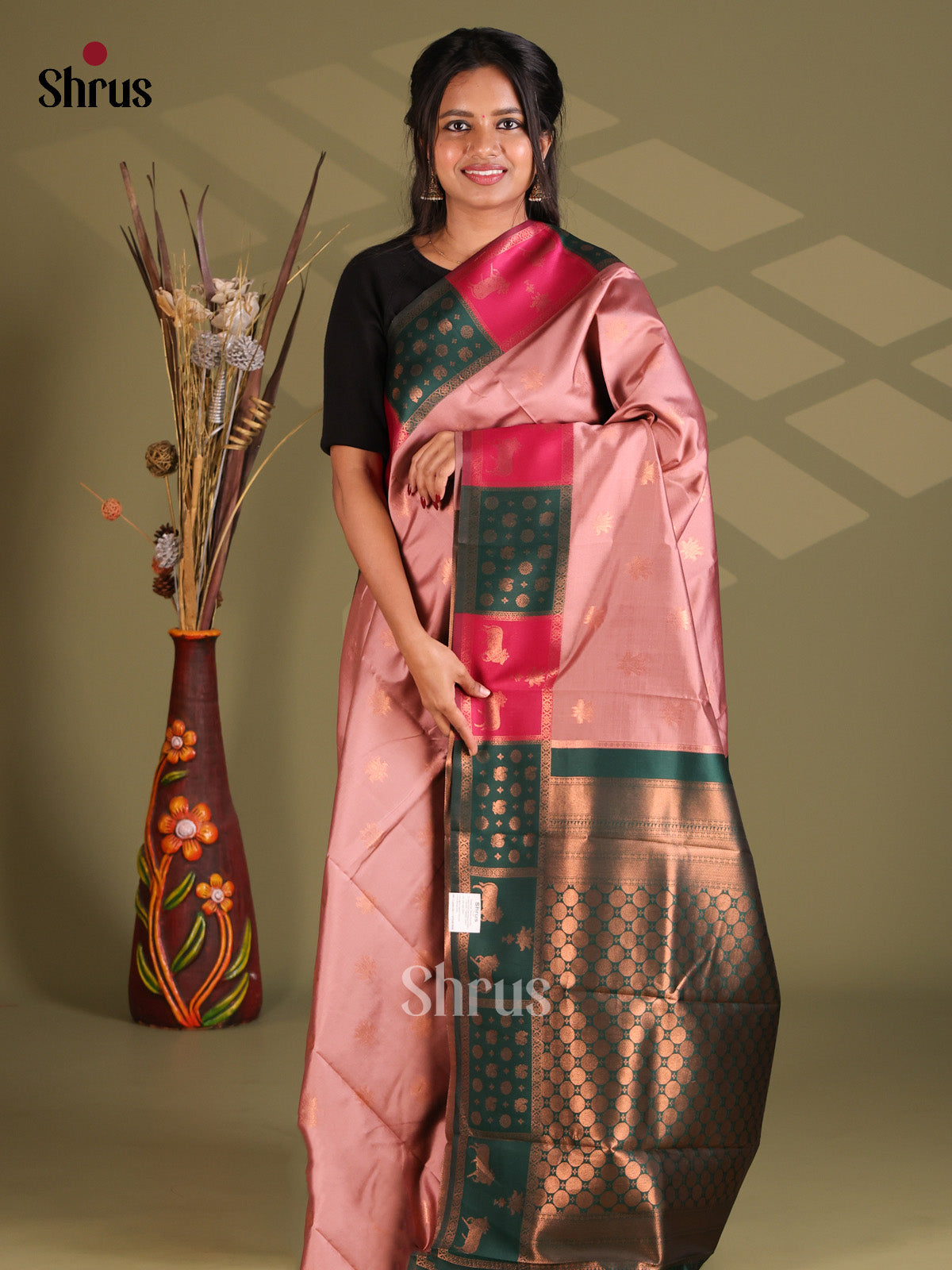 Dark Lavender & Green - Semi Softsilk Saree - Shop on Shrus.com