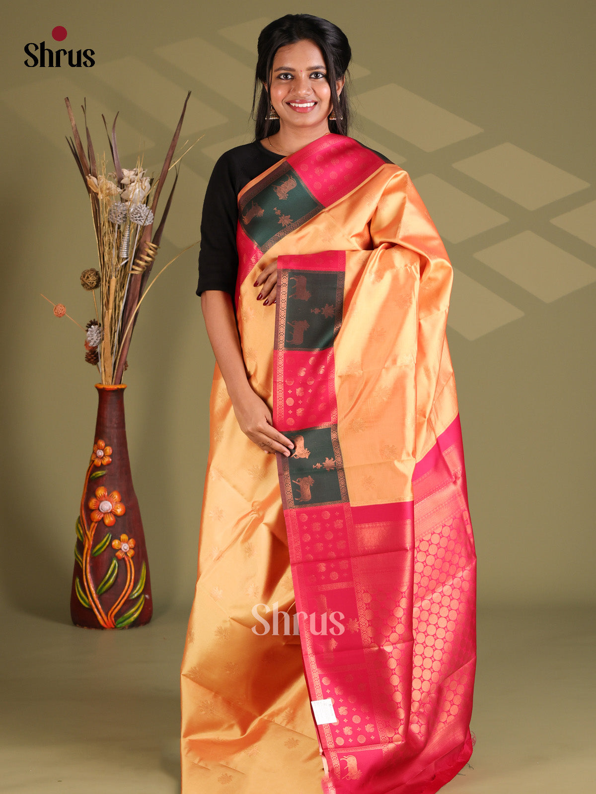Peach & Maroon - Semi Softsilk Saree - Shop on Shrus.com