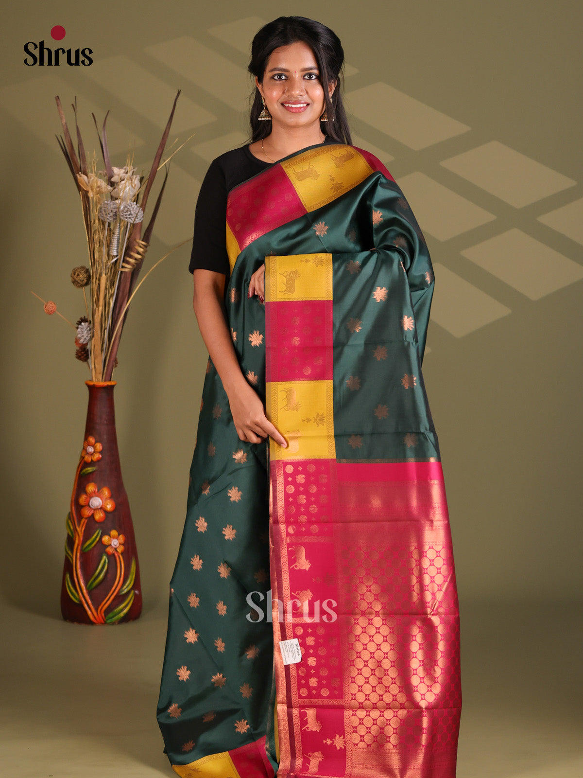 Green & Maroon- Semi Softsilk Saree - Shop on Shrus.com