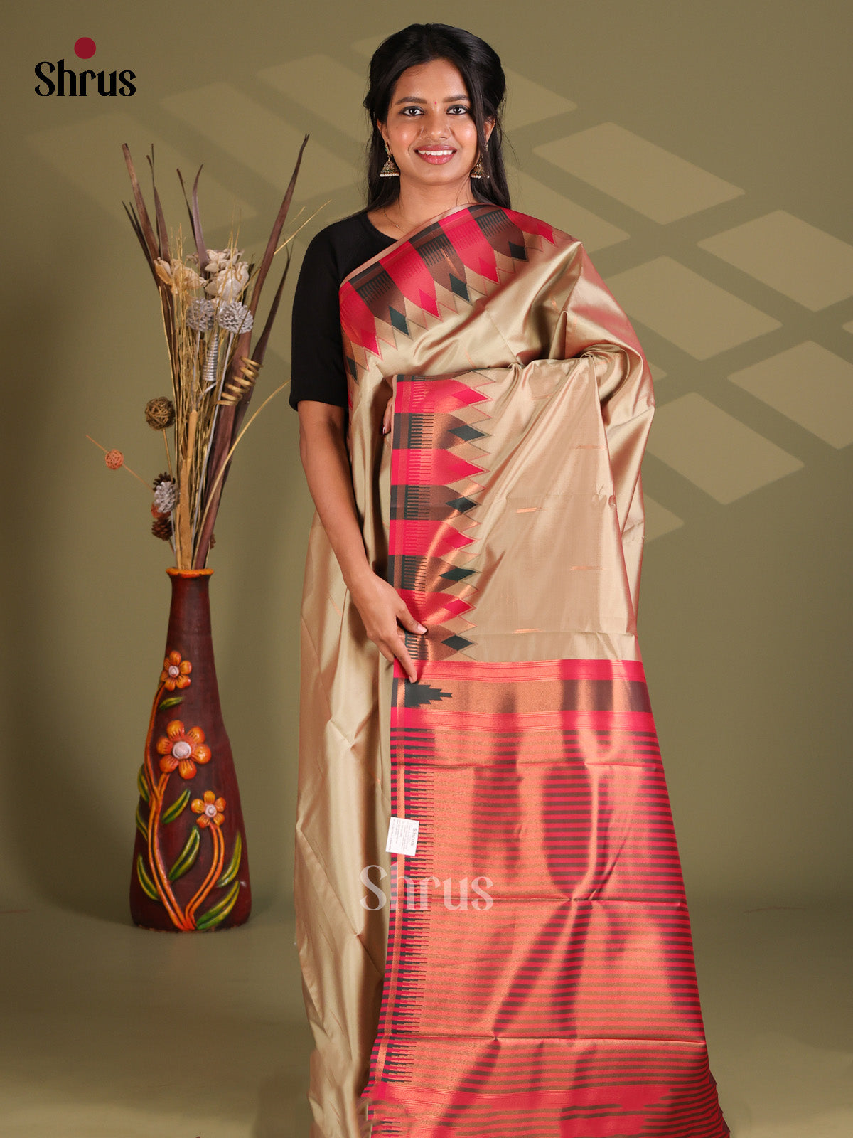 Grey & Maroon - Semi Softsilk Saree - Shop on Shrus.com