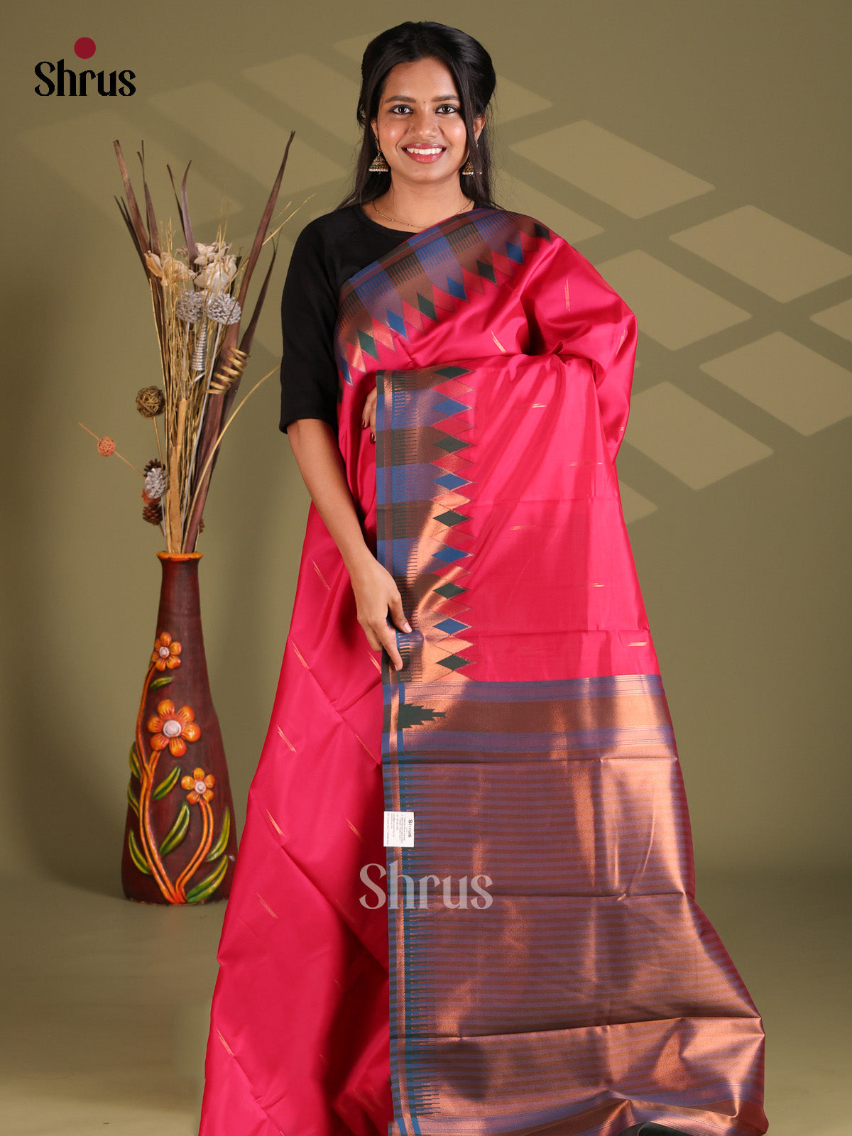 Pink & Blue - Semi Softsilk Saree - Shop on Shrus.com