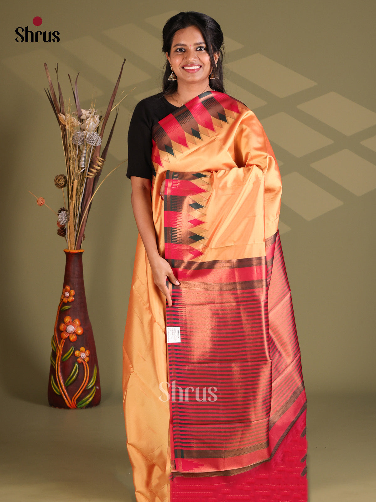 Peach & Maroon - Semi Softsilk Saree