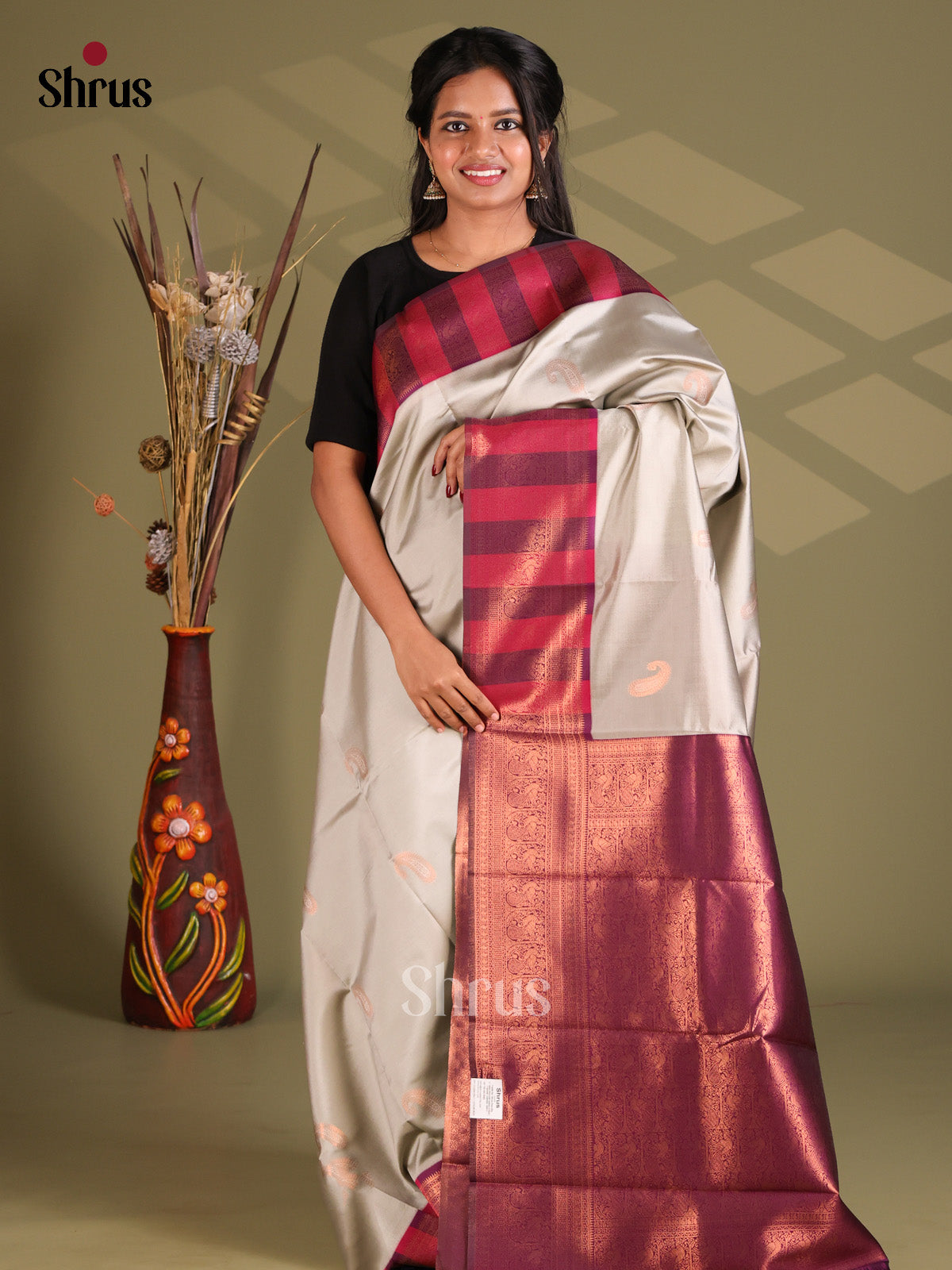 Grey & Maroon - Semi Softsilk Saree - Shop on Shrus.com