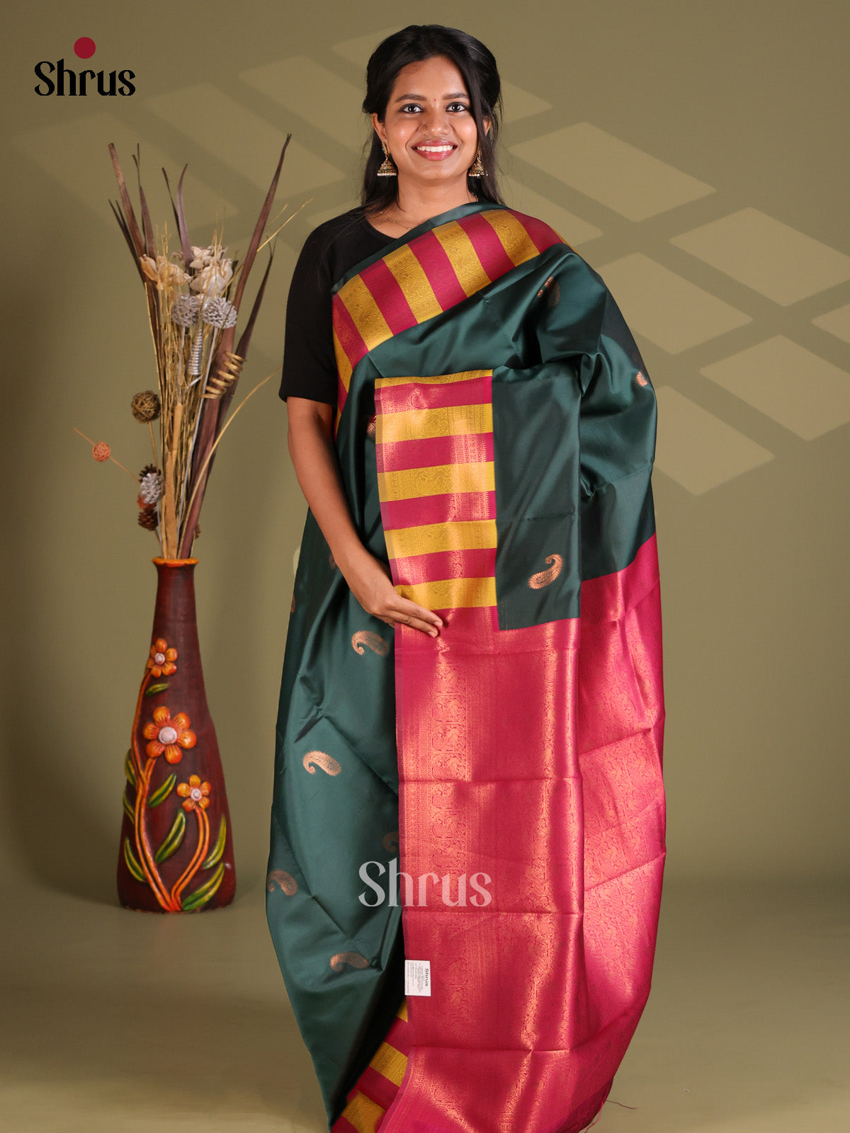 Dark Green & Maroon - Semi Softsilk Saree