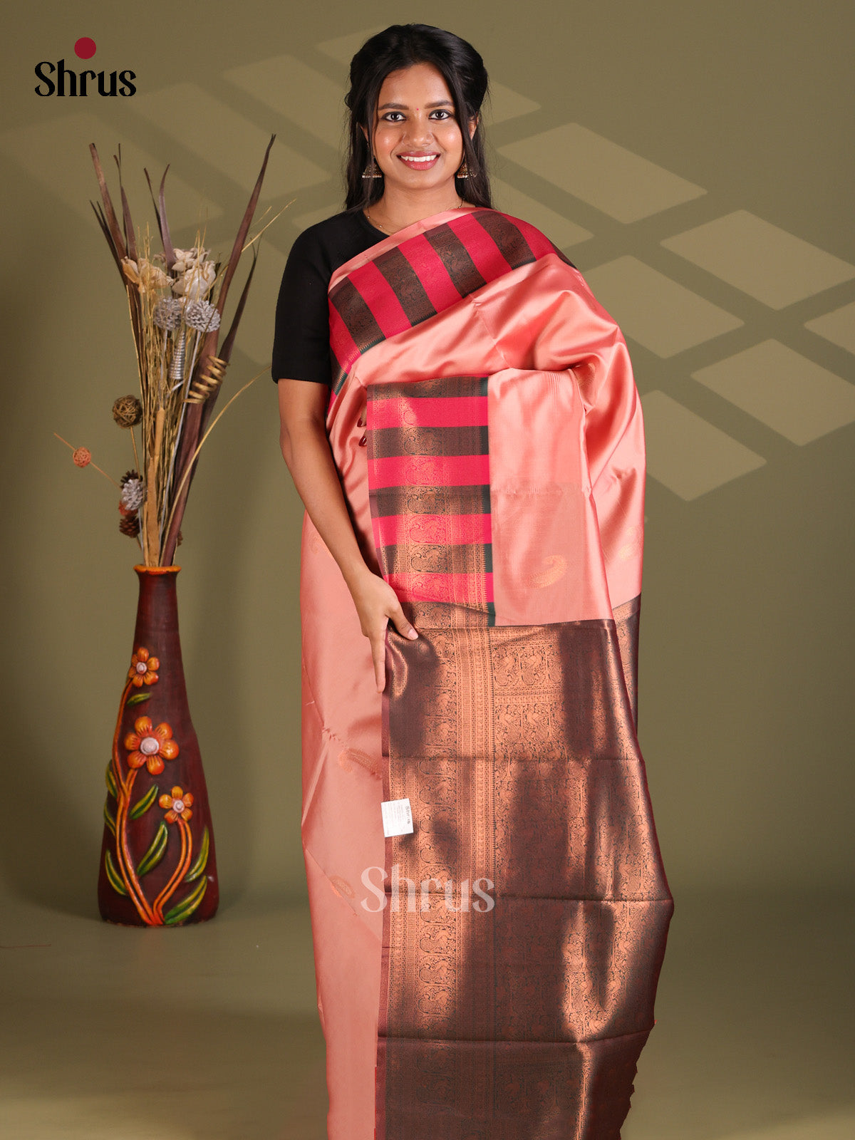 Dusty pink & green - Semi Softsilk Saree - Shop on Shrus.com