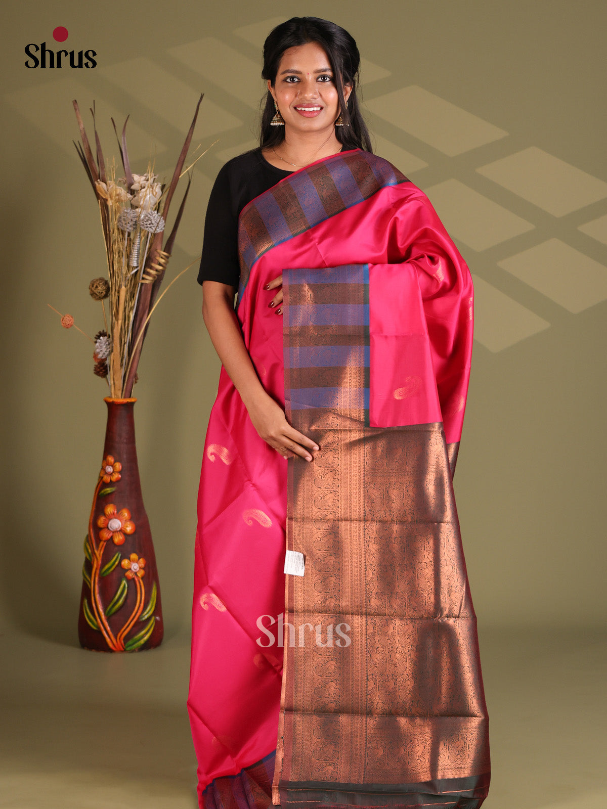 Pink & Green - Semi Softsilk Saree - Shop on Shrus.com