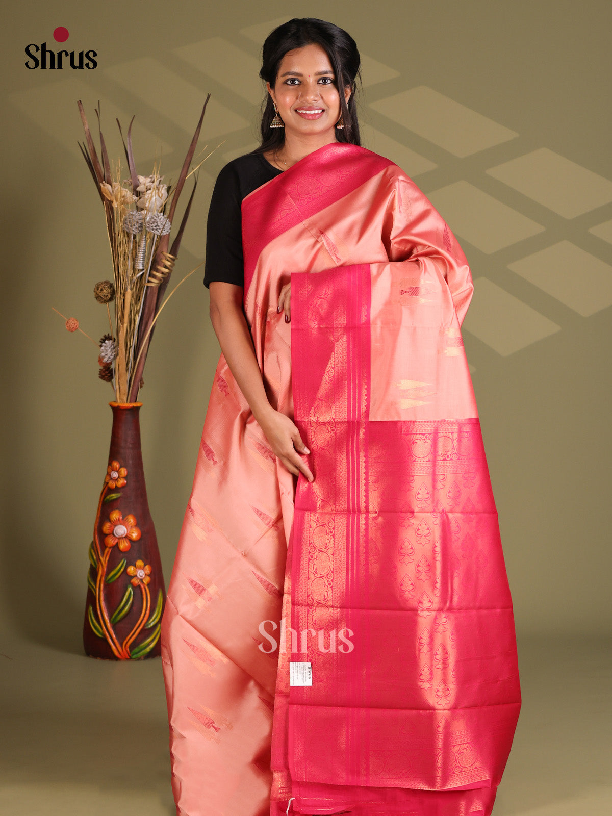 Peach & Pink - Semi Softsilk Saree - Shop on Shrus.com