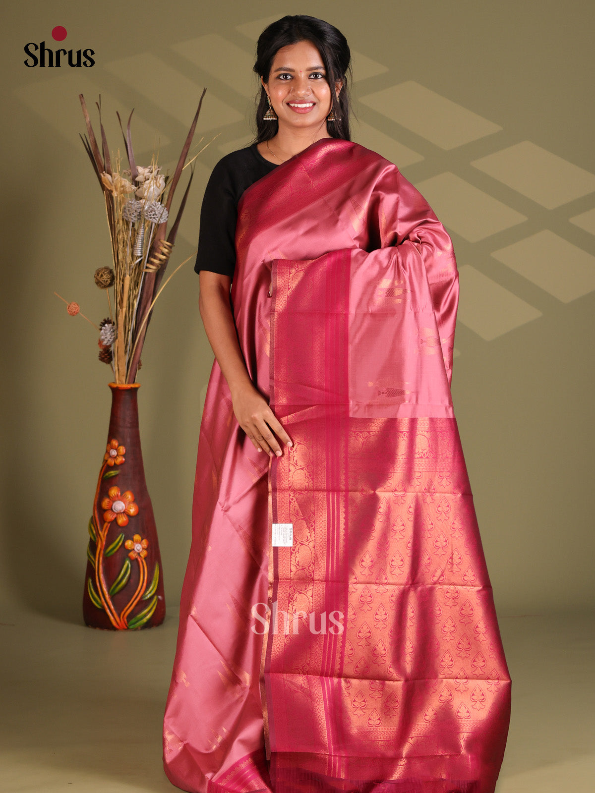 Pink & Maroon - Semi Softsilk Saree - Shop on Shrus.com