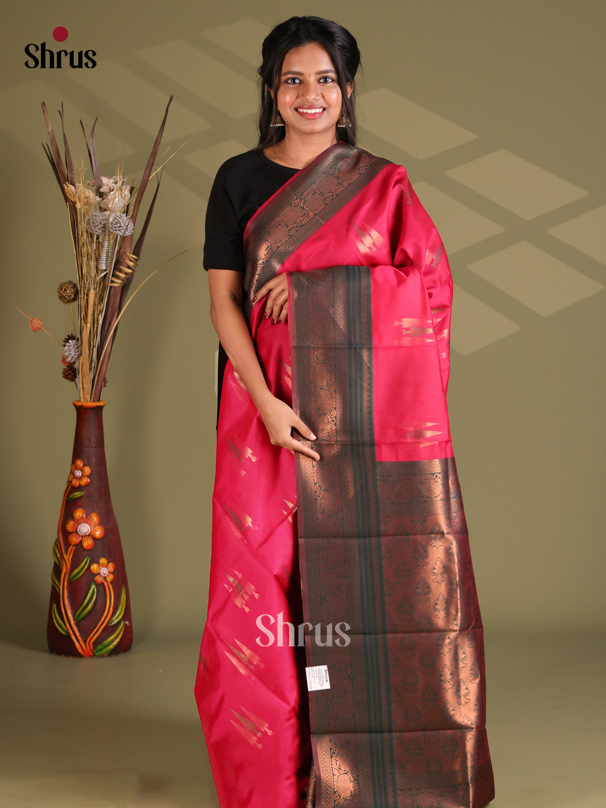 Dark Pink & Green - Semi Softsilk Saree - Shop on Shrus.com