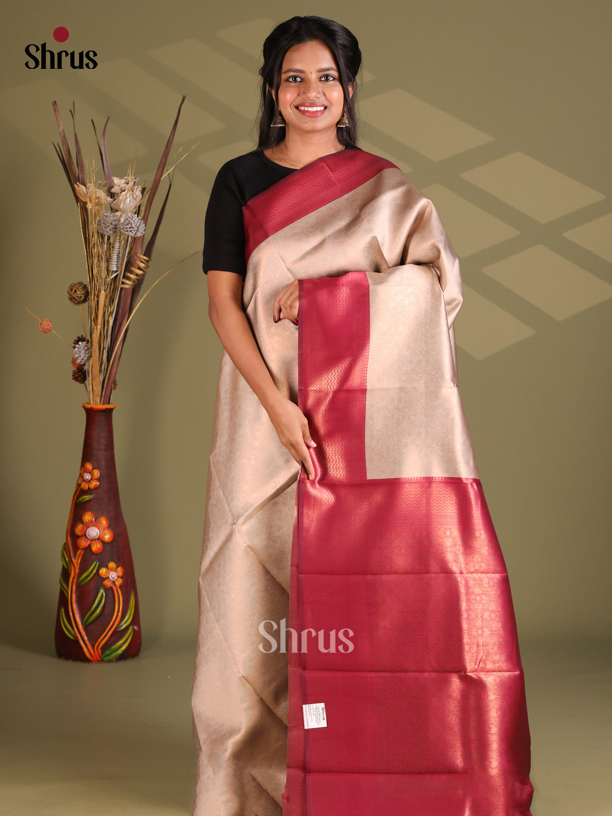 Grey & Maroon - Semi Softsilk Saree - Shop on Shrus.com