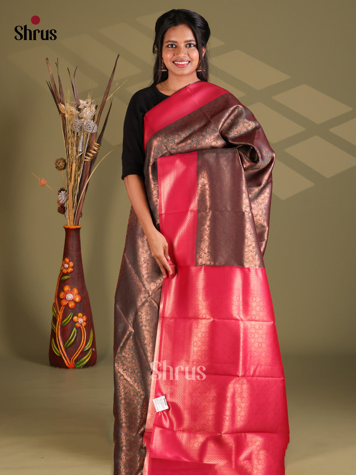 Dark Green & Pink - Semi Softsilk Saree - Shop on Shrus.com