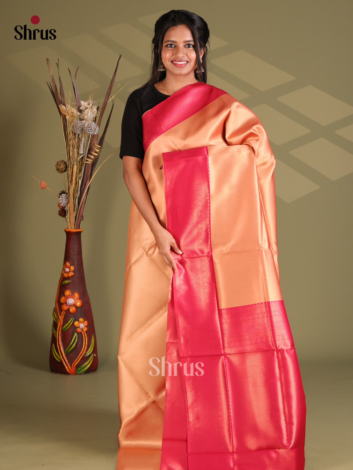 Peach & Pink - Semi Softsilk Saree - Shop on Shrus.com