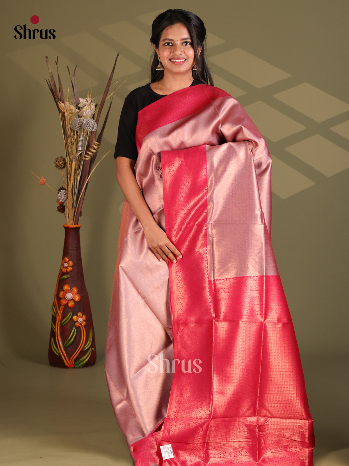 Pink & Red - Semi Softsilk Saree - Shop on Shrus.com