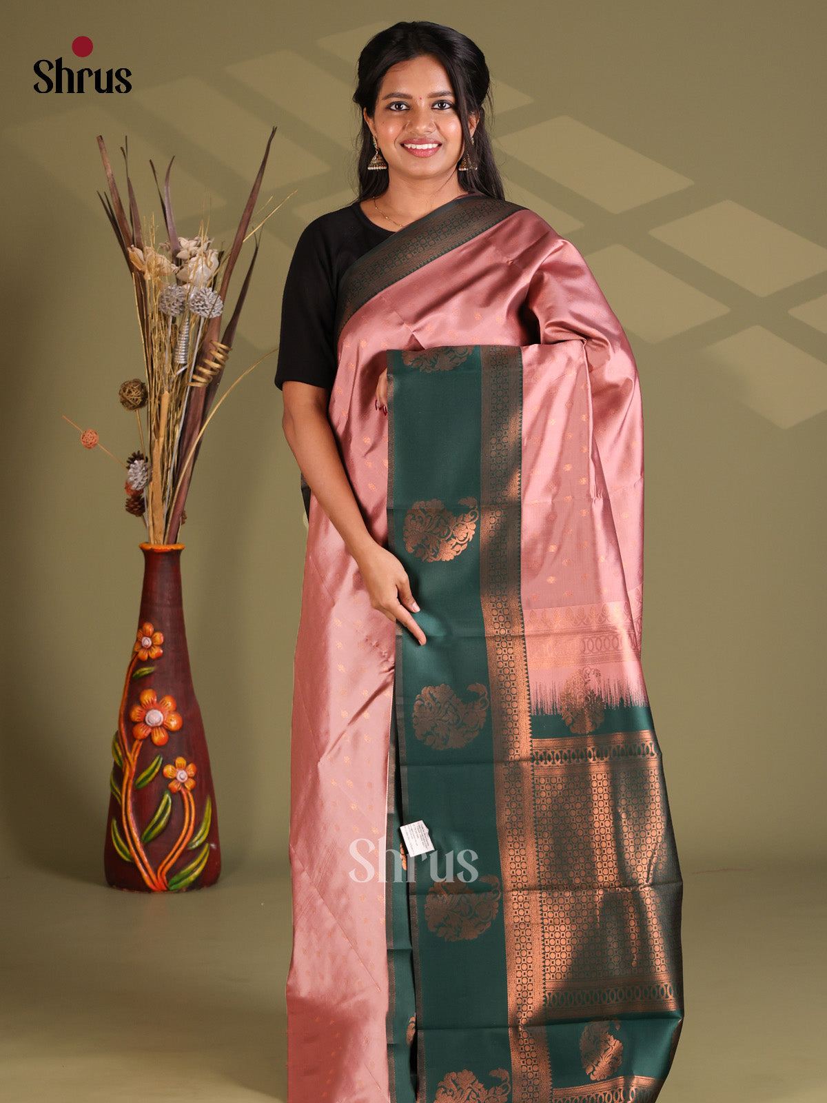 Dusty Pink & Green - Semi Softsilk Saree - Shop on Shrus.com