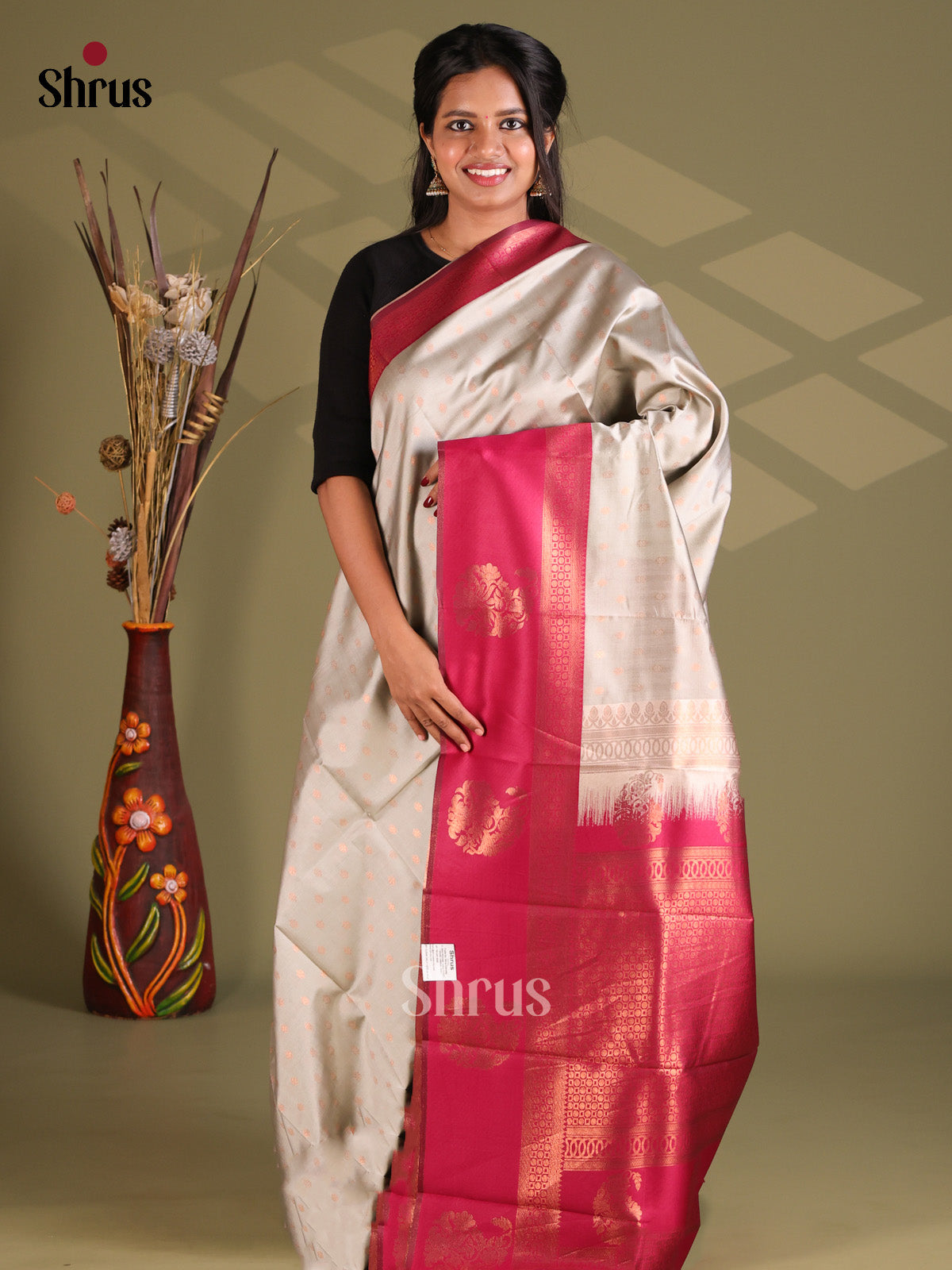 Grey & Maroon - Semi Softsilk Saree - Shop on Shrus.com