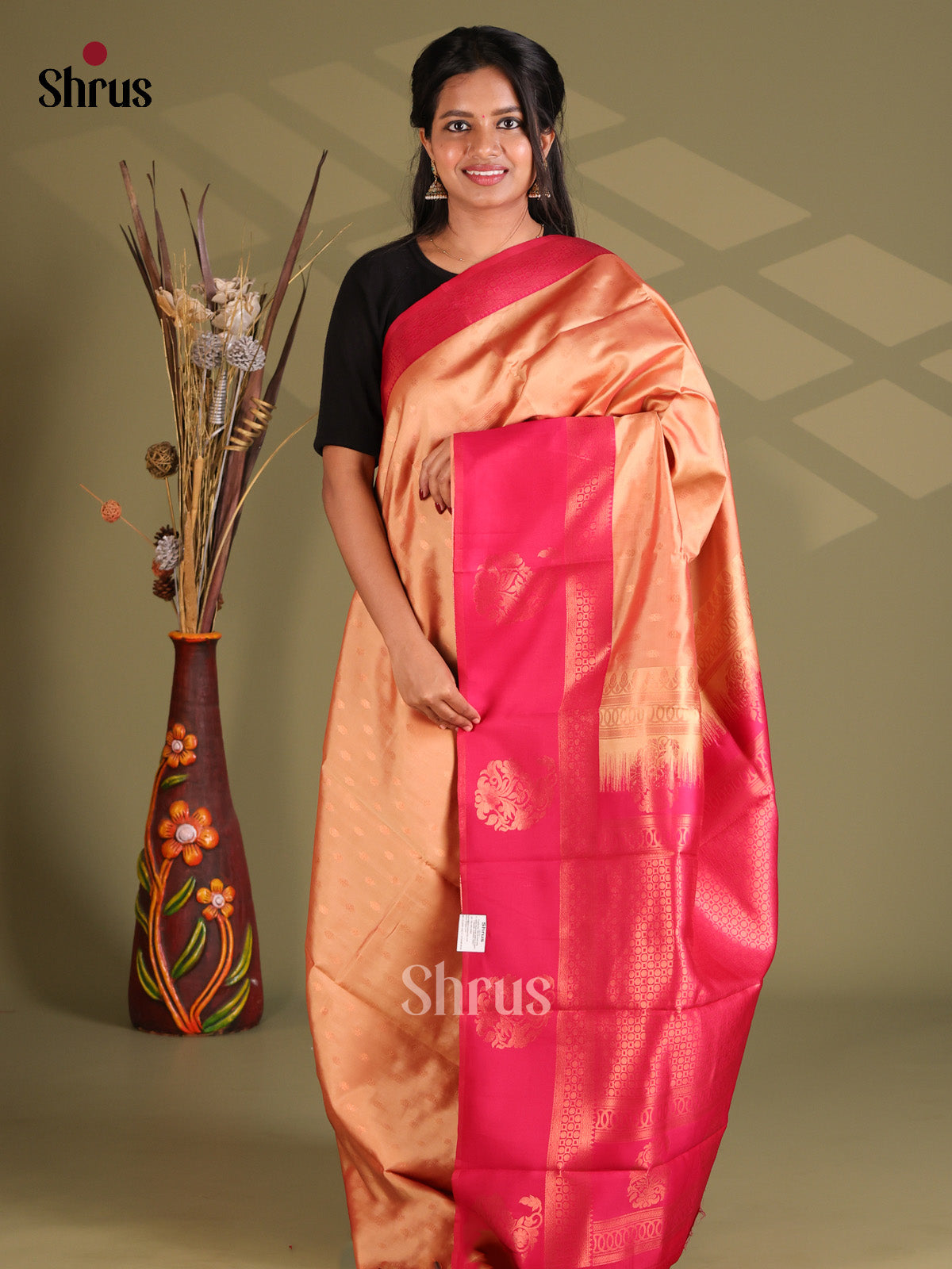 Light Brown & Pink - Semi Softsilk Saree - Shop on Shrus.com