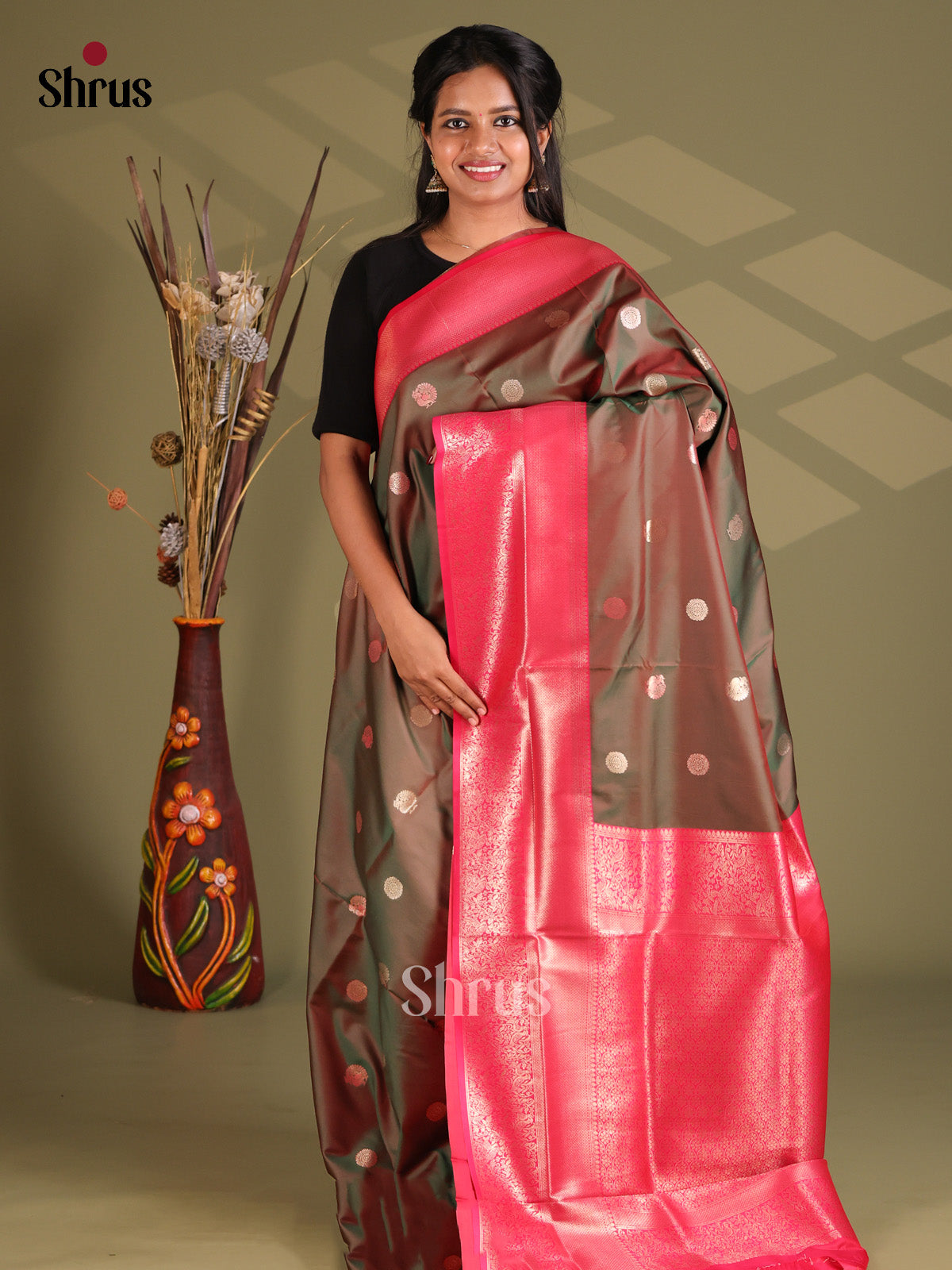 Double Shaded Green & Pink - Semi Softsilk Saree - Shop on Shrus.com